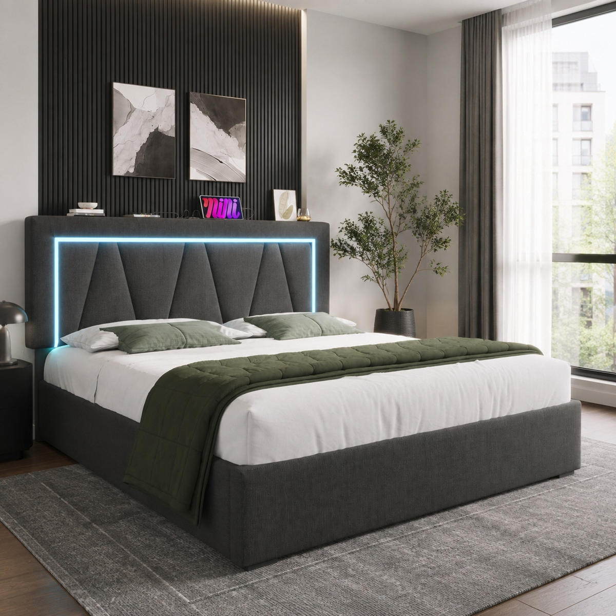 POLSTERBETT 140/200 mit LED, Bettkasten und USB-C in Leinen - Grau, Holzwerkstoff/Textil (140/200cm) - EVRYAE