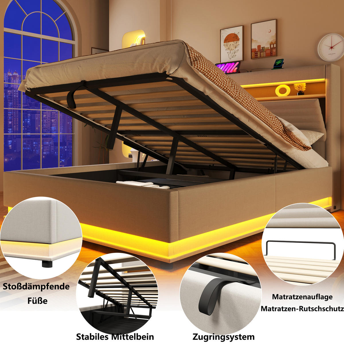 POLSTERBETT 140/200 cm in Beige Leinen mit Bettkasten, LED und USB - Beige, Holzwerkstoff/Textil (140/200cm) - WISHDOR