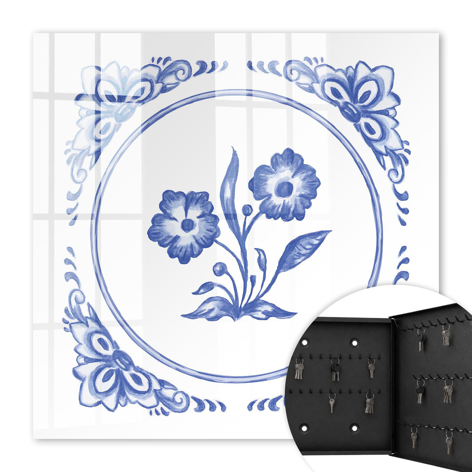 SCHLÜSSELBOX Schwarz 30x30 cm- Türöffnung nach rechts - Blaue Blumen - Blau, Metall (30/30/5cm) - TULUP