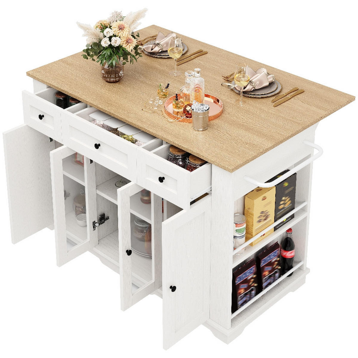 KÜCHENINSEL Klappbare Arbeitsplatte, Weiß, Holzmaserung, Verstellbare Trennwände, 151,5/85/91,7 cm - Weiß, Kunststoff (60/91.7/151.5cm) - Rolipo