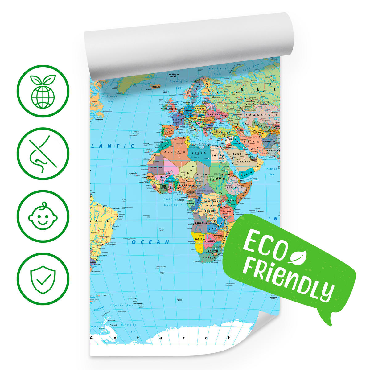 FOTOTAPETE für Wohnzimmer Politische Weltkarte Kontinente 200x140 - Gelb/Rosa, Papier (200/140cm) - Muralo