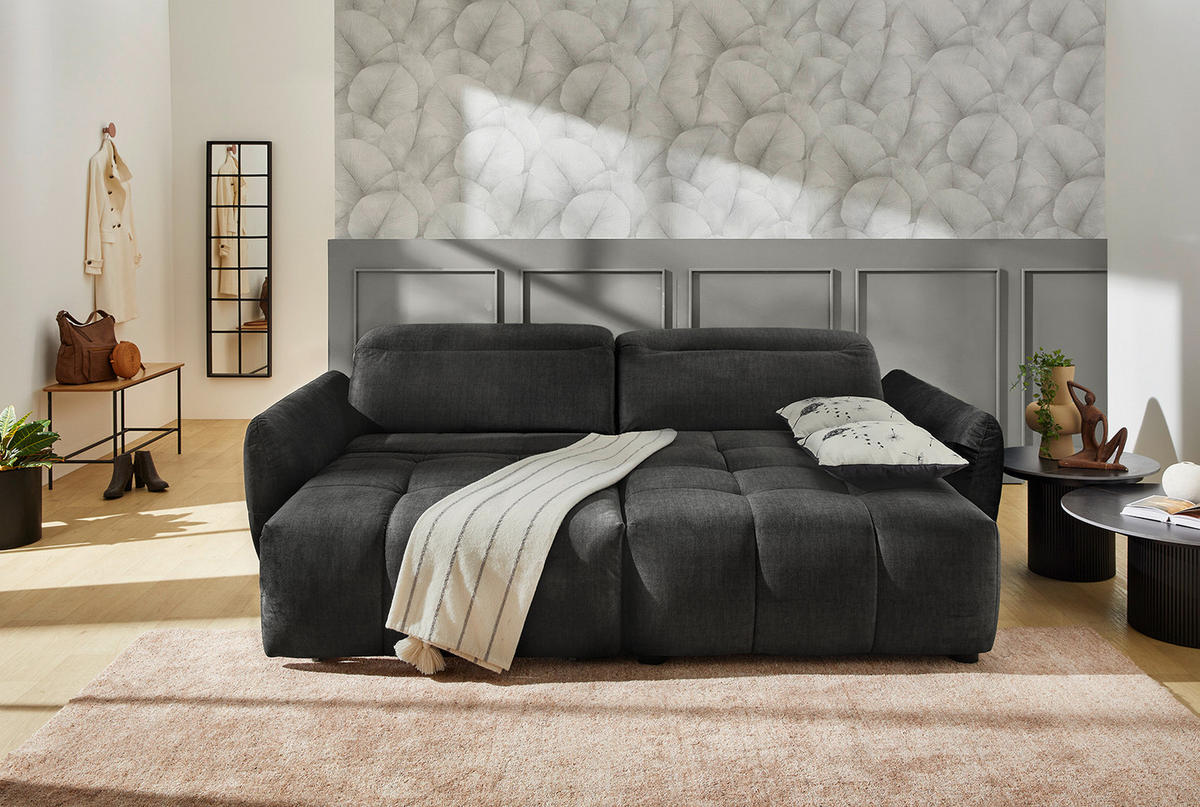 ECKSOFA mit elektrische Sitztiefenverstellung, Kopflehnen verstellbar, USB-C und -A Ladefunktion B260/T191/H106 cm, Velours Anthrazit Schwarz / 15406 - Anthrazit/Multicolor, Kunststoff/Textil (260/191cm) - luma-home