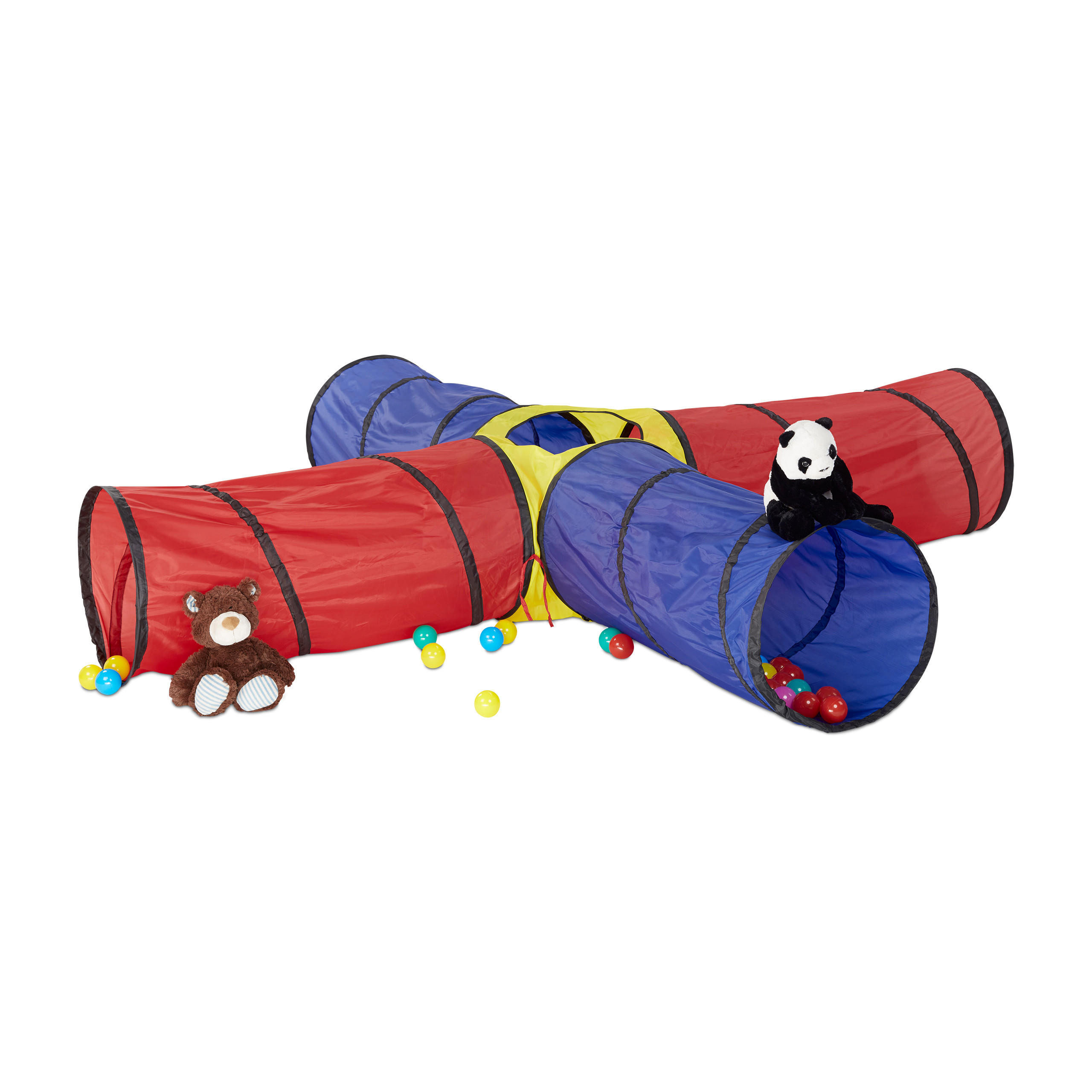 SPIELTUNNEL Rot Blau Gelb 4-Röhren Pop Up - Multicolor, Textil/Metall (250/45/250cm) - Relaxdays