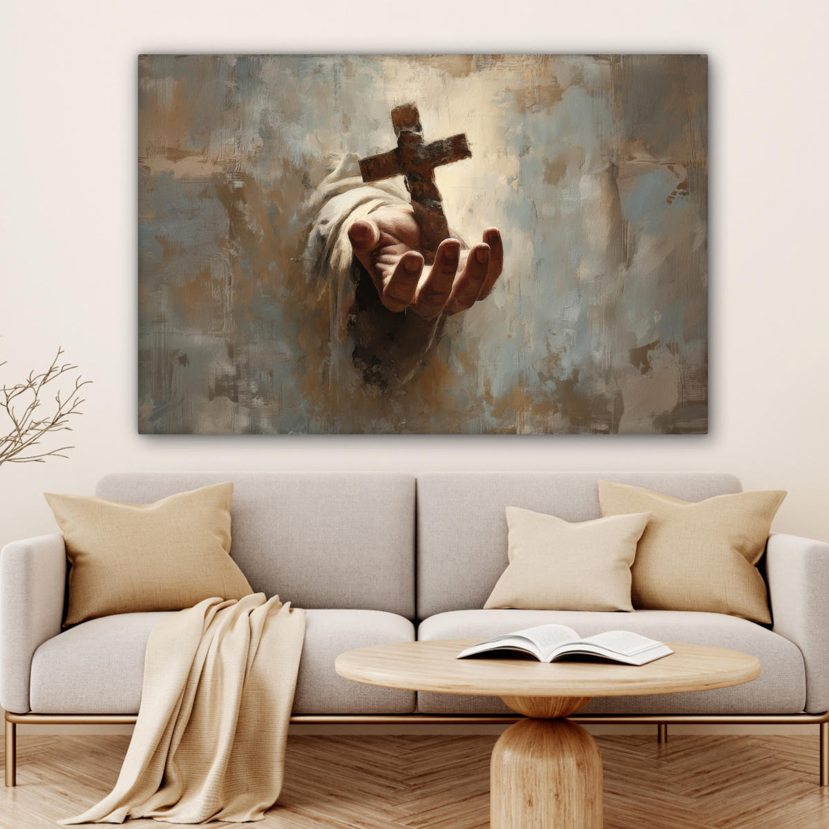 LEINWANDBILD Abstrakt - Kreuz - Hand - Christentum XXL 150x100 cm - Hellbraun, Textil (150/100cm) - MuchoWow