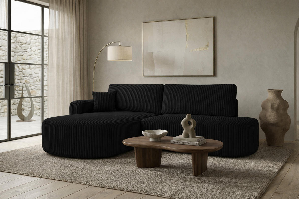 ECKSOFA Mit Schlaffunktion Und Bettkasten, Cordstoff Tilia, Schwarz, Links, ROUND ONE OPEN XL - Schwarz, Holz (262/175cm) - Kaiser Möbel