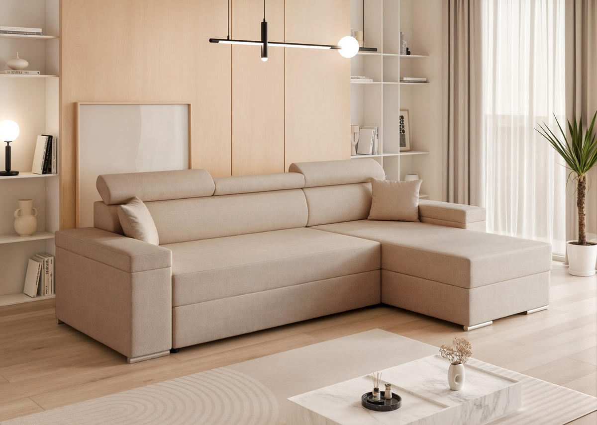 ECKSOFA AISHA mit Schlaffunktion und Bettkasten Beige - Beige, Holzwerkstoff/Kunststoff (250/90cm) - Idohome