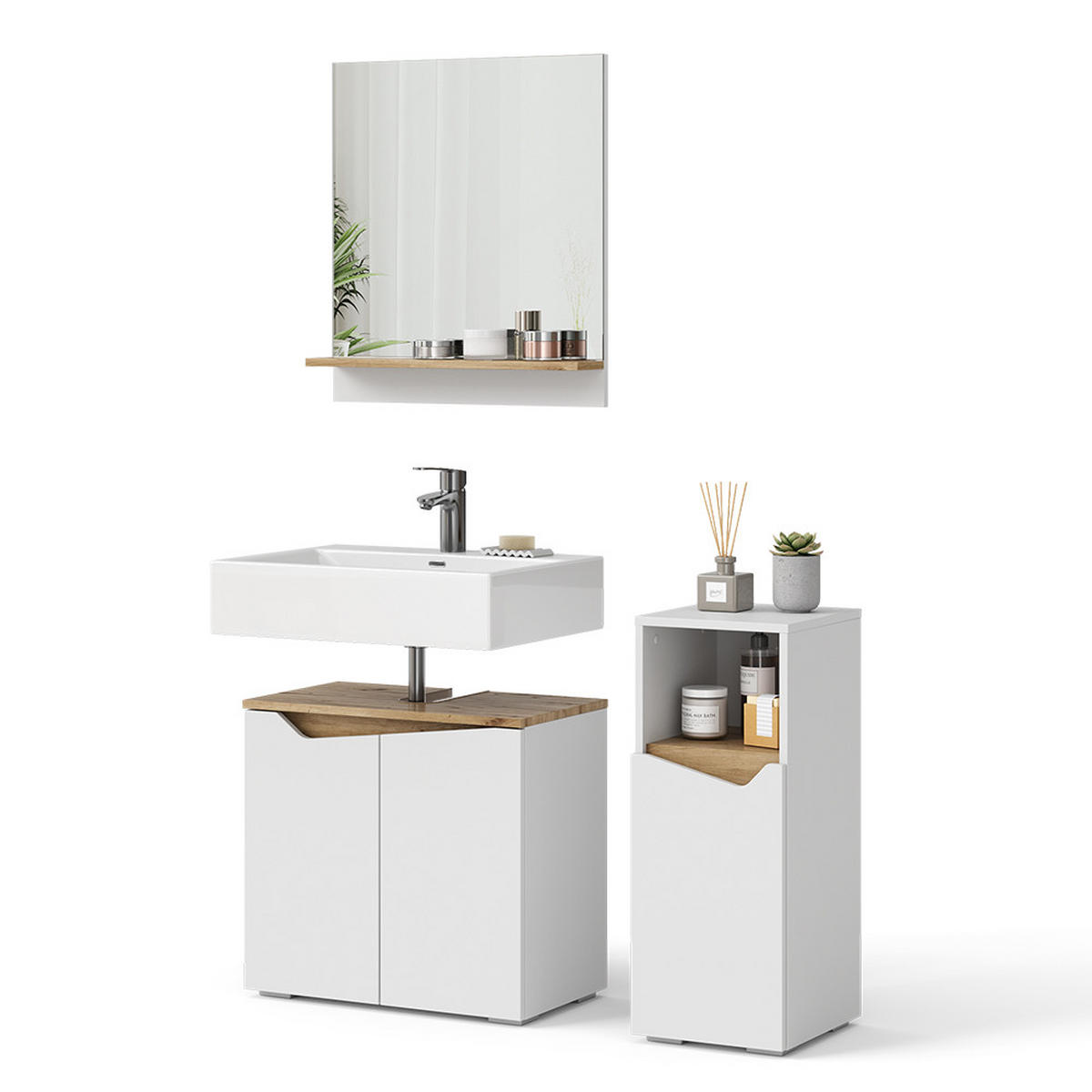 BADMÖBEL-KOMBINATION Marelle Weiß 3 Teile, mit Midischrank - Weiß/Eiche Artisan, Holzwerkstoff (60/57/35cm) - Vicco