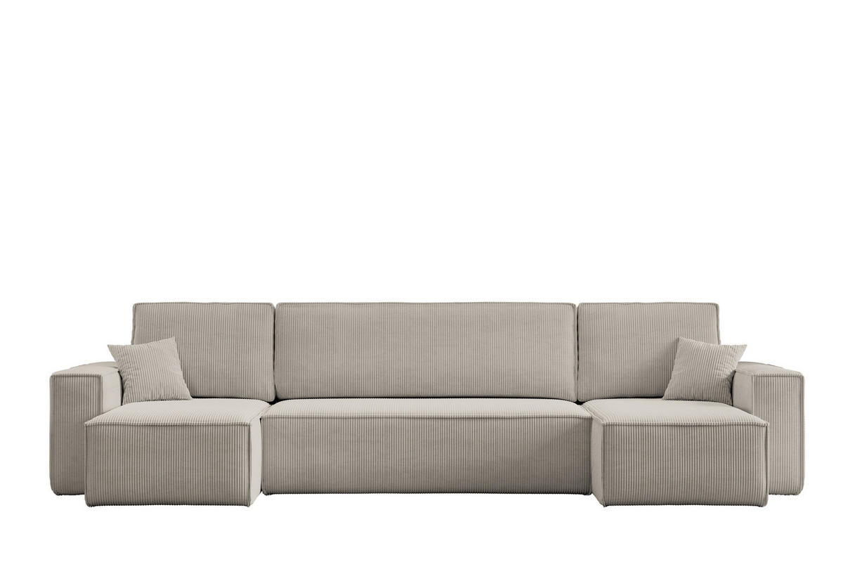 WOHNLANDSCHAFT Hugo U-Form Cordstoff mit Schlaffunktion und Bettkasten - Beige, Textil (312/83/142cm) - VENASI MÖBEL