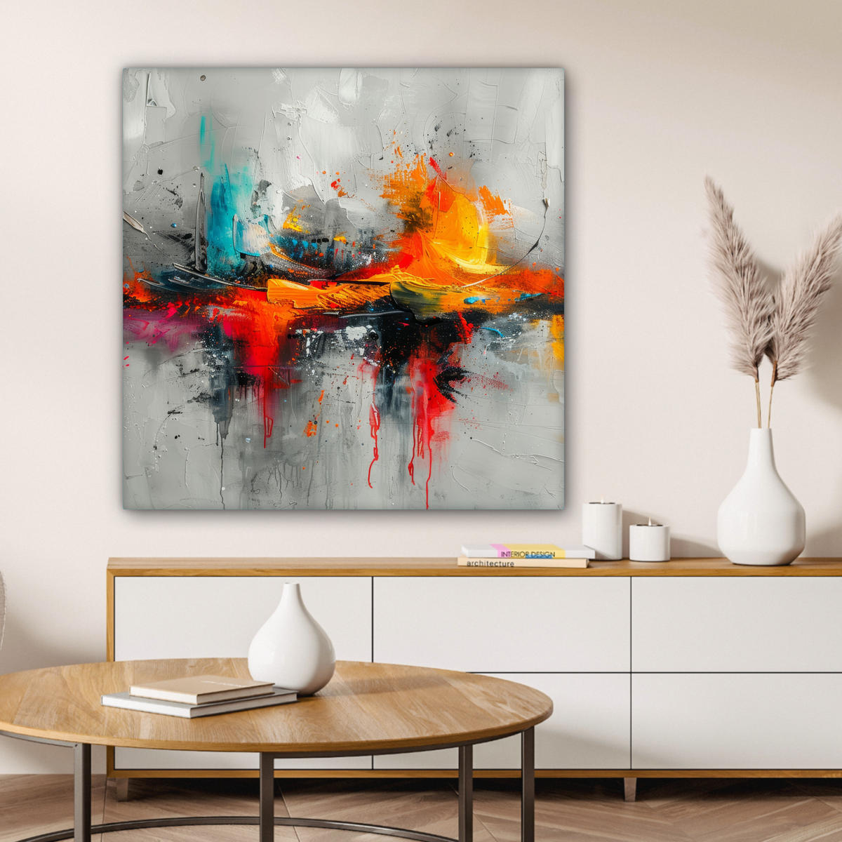 LEINWANDBILD Moderne Kunst - Orange - Grau - Abstrakt 90x90 cm - Hellgrau, Textil (90/90cm) - MuchoWow