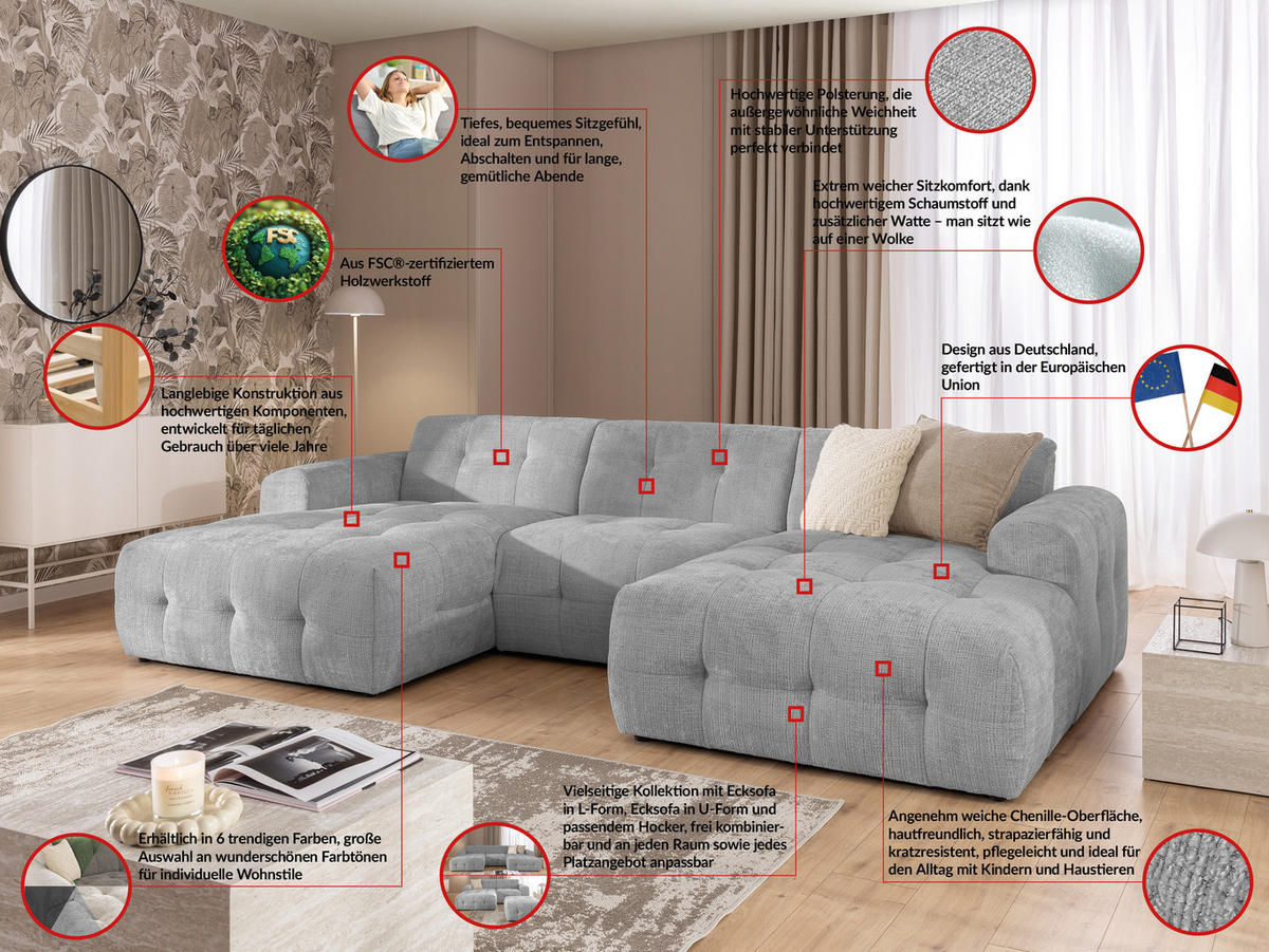 WOHNLANDSCHAFT Kozy im Bumpy-Design mit fester Rückenlehne aus weichem Hellgrau Chenille-Stoff - Hellgrau/Schwarz, Holz/Kunststoff (323/79/161cm) - S-Style Möbel