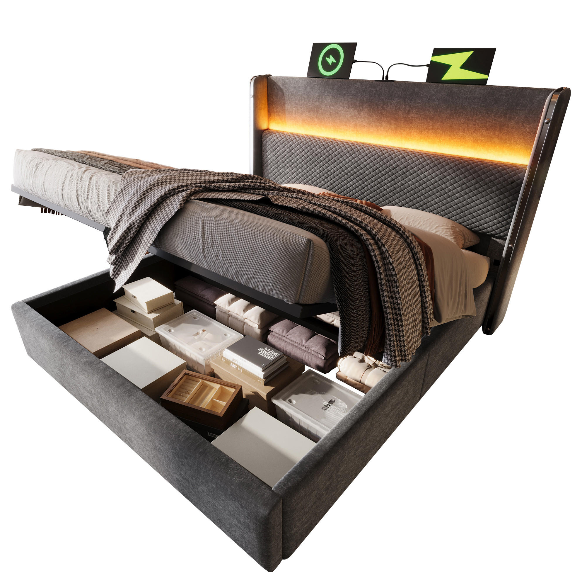 POLSTERBETT 180/200 cm mit LED, USB- und Typ-C-Anschluss, hydraulischem Bettkasten und Matratze, Leinenoptik Grau - Grau, Textil (180/200cm) - Redom