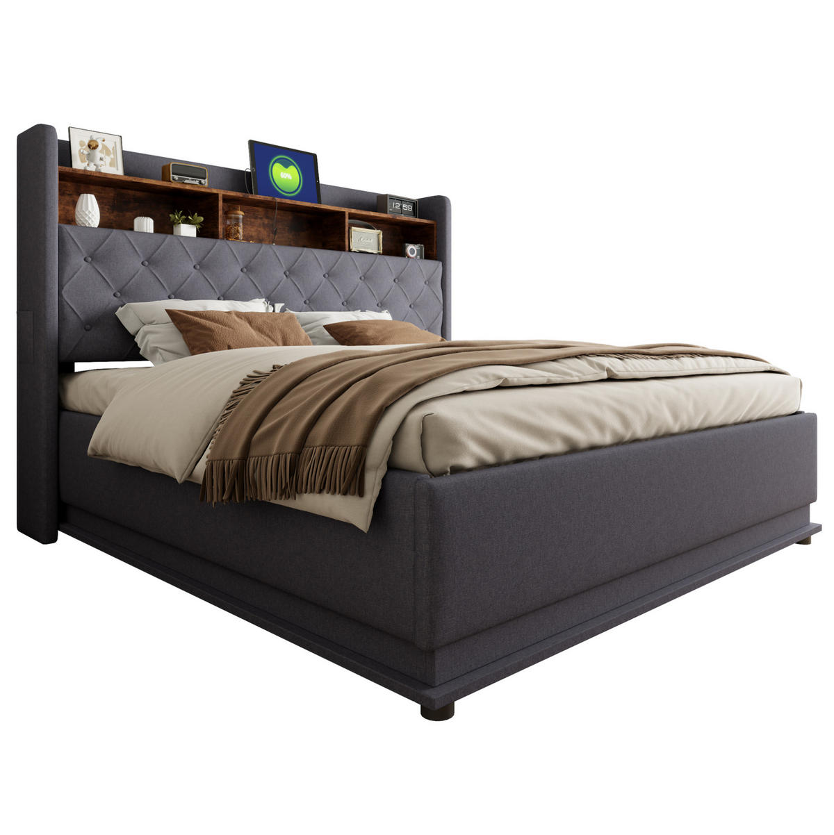 POLSTERBETT 180/200 cm Grau mit LED-Beleuchtung und USB-Anschluss aus Leinen - Grau, Textil (180/200cm) - OKWISH