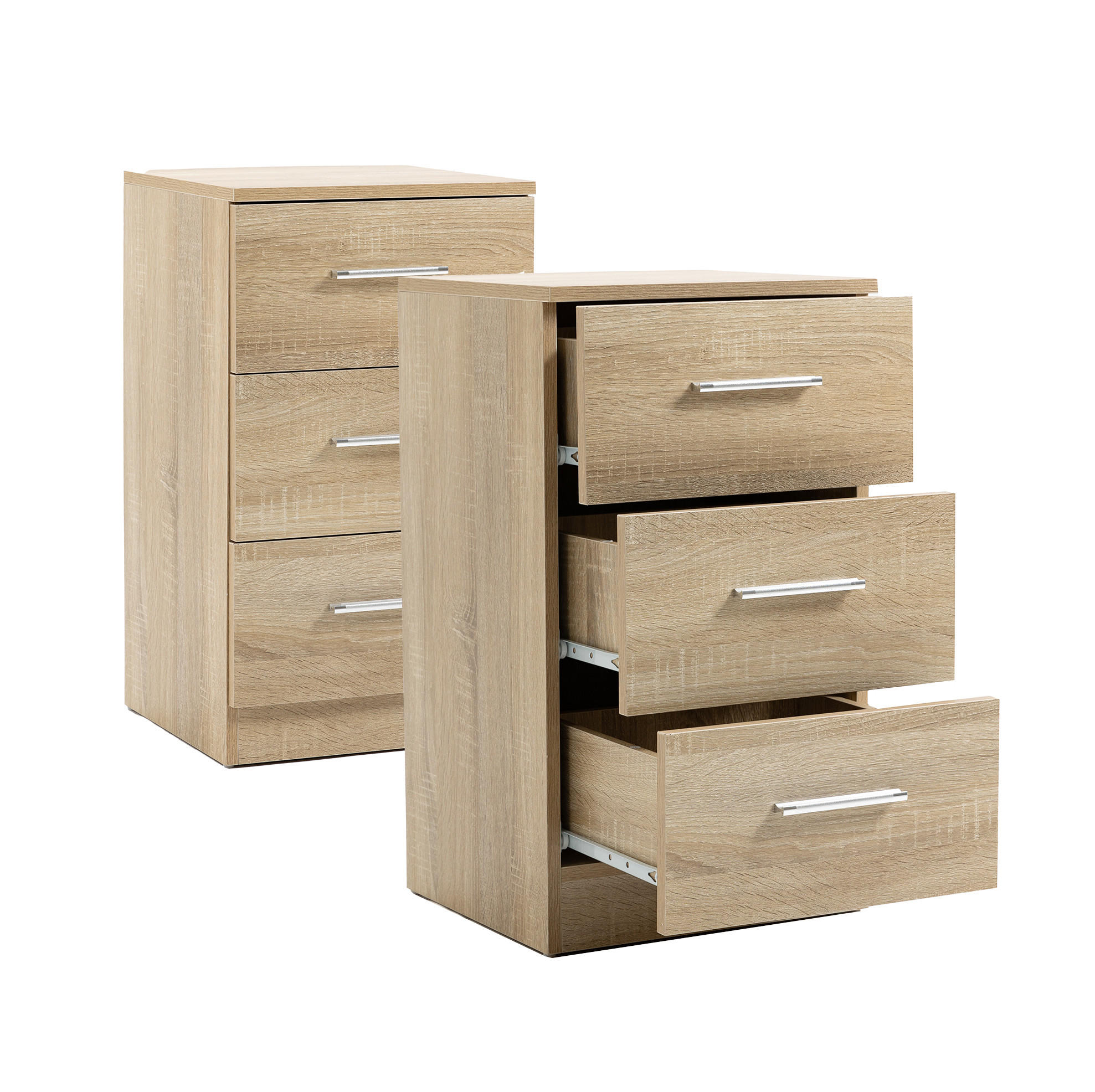 NACHTTISCH-SET aus Spanplatte 37,6x35,2x65,5 cm Natur mit 3 Schubladen und Metallgriffen, 2er-Set - Naturfarben, Holzwerkstoff (37.6/65.5/35.2cm) - Modfu