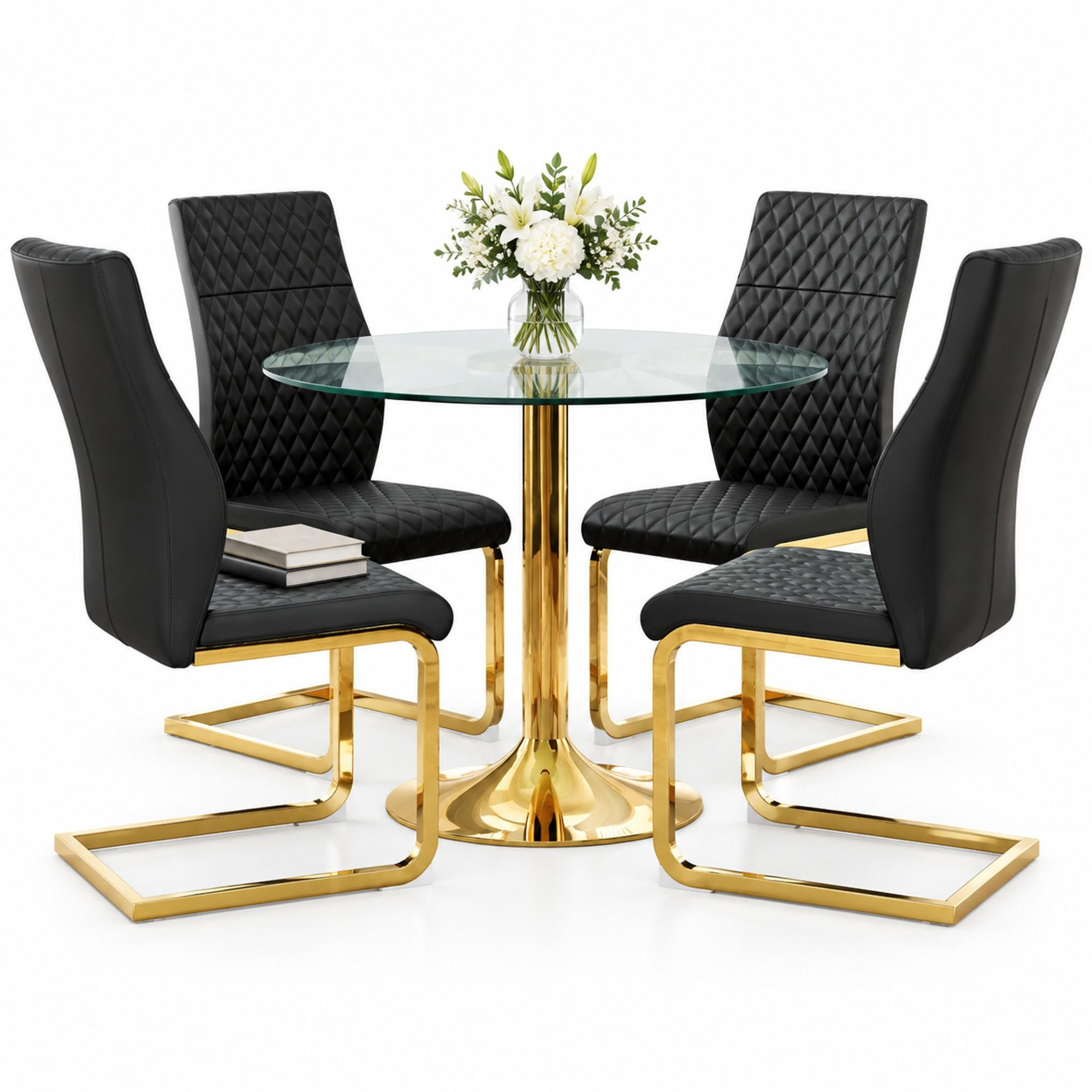 ESSZIMMER-SET mit Glastisch 5-tlg. 85 cm Schwarz/Gold - Schwarz, Metall (85/76/85cm) - Meubliv
