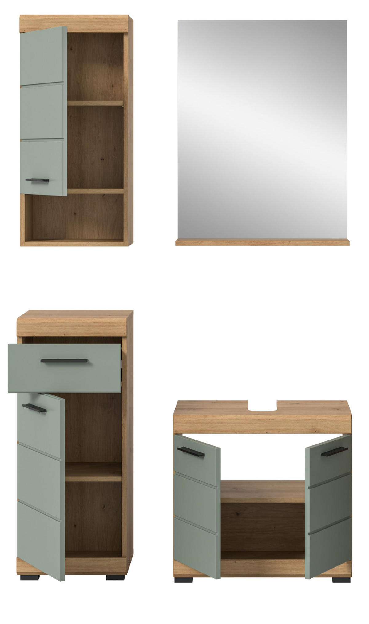 BADMÖBEL-SET Salbei grün, Eiche Artisan 4-teilig 112 cm, Komplettset mit viel Stauraum - Salbeigrün/Schwarz, Glas/Holzwerkstoff (112/191/34cm) - Inn.Furn