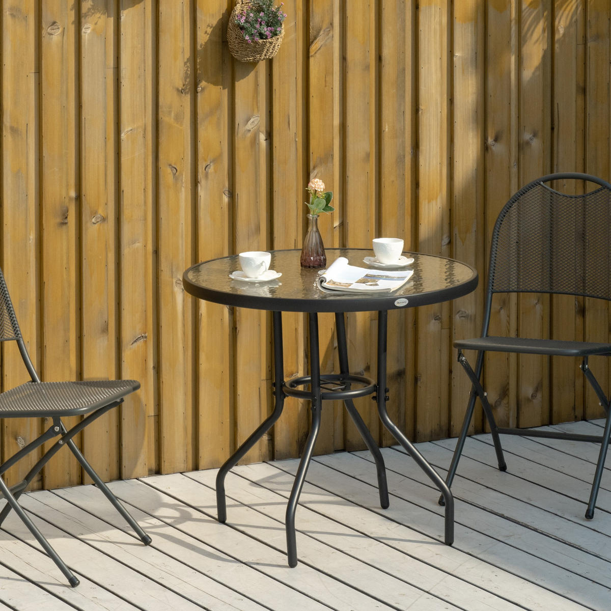 GARTENTISCH DE-07290 rund mit Schirmloch und Hartglas Schwarz - Schwarz, Glas/Metall (80/80/72cm) - ComfortXL