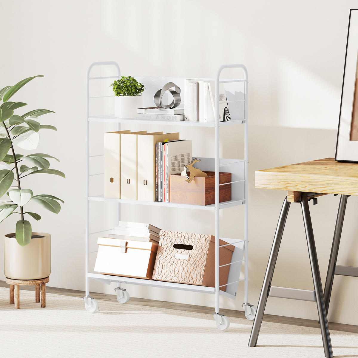 BÜCHERREGAL Mobiles Aufbewahrungsregal mit 3 Ebenen Rädern Spielzeugregal Weiß - Weiß, Metall (26/108/69cm) - HOMCOM