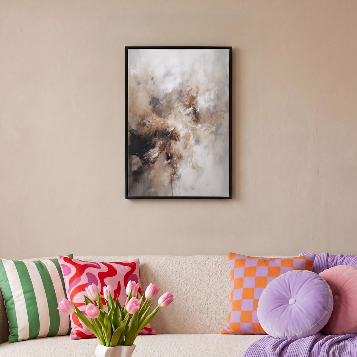 LEINWAND Bilder mit Rahmen - Farbe - Abstrakt - Beige - Kunst - 40x60 - Greige, Textil (40/60cm) - MuchoWow