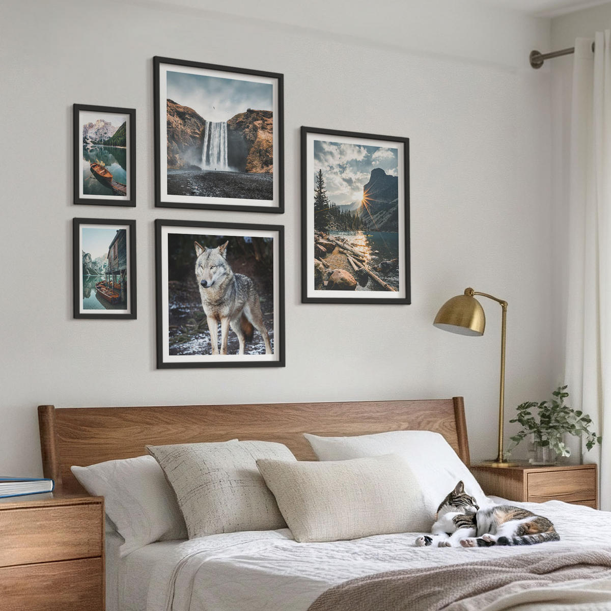 WANDBILDER 5er-Set - 50x50 cm & 20x30 cm & 40x60 cm Schwarzer Rahmen - Berge, Seen, Wasserfall, Wolf - Schwarz, Kunststoff (40/60cm) - ArtPrintCave