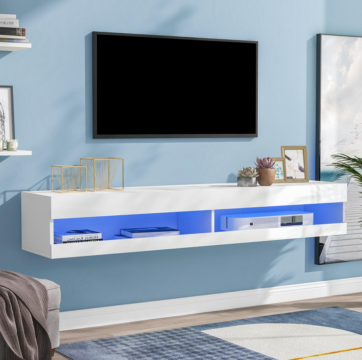 TV ormarić od MDF-a 140x40x30,5 cm bijela s LED rasvjetom, zidna montaža i visokosjajna prednja strana - bijela, drvni materijal (140/30.5/40cm) - Modfu