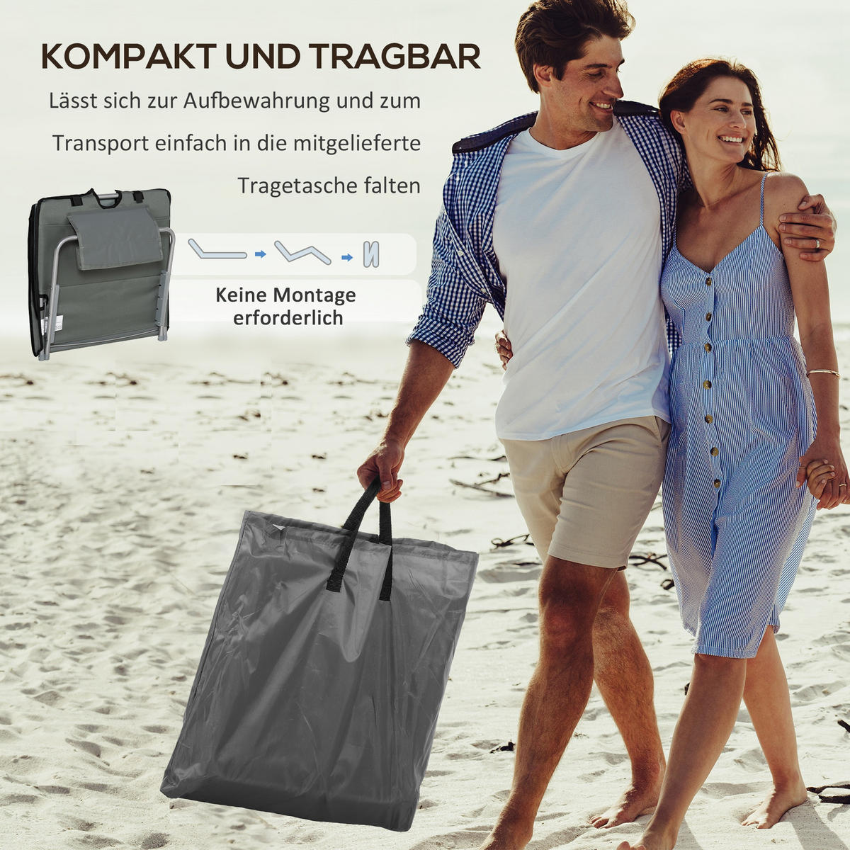 STRANDMATTE, 2er Set Faltbare Strandliege mit Kopfkissen, Tragetasche, Grau - Grau, Metall (53/35/124cm) - Outsunny