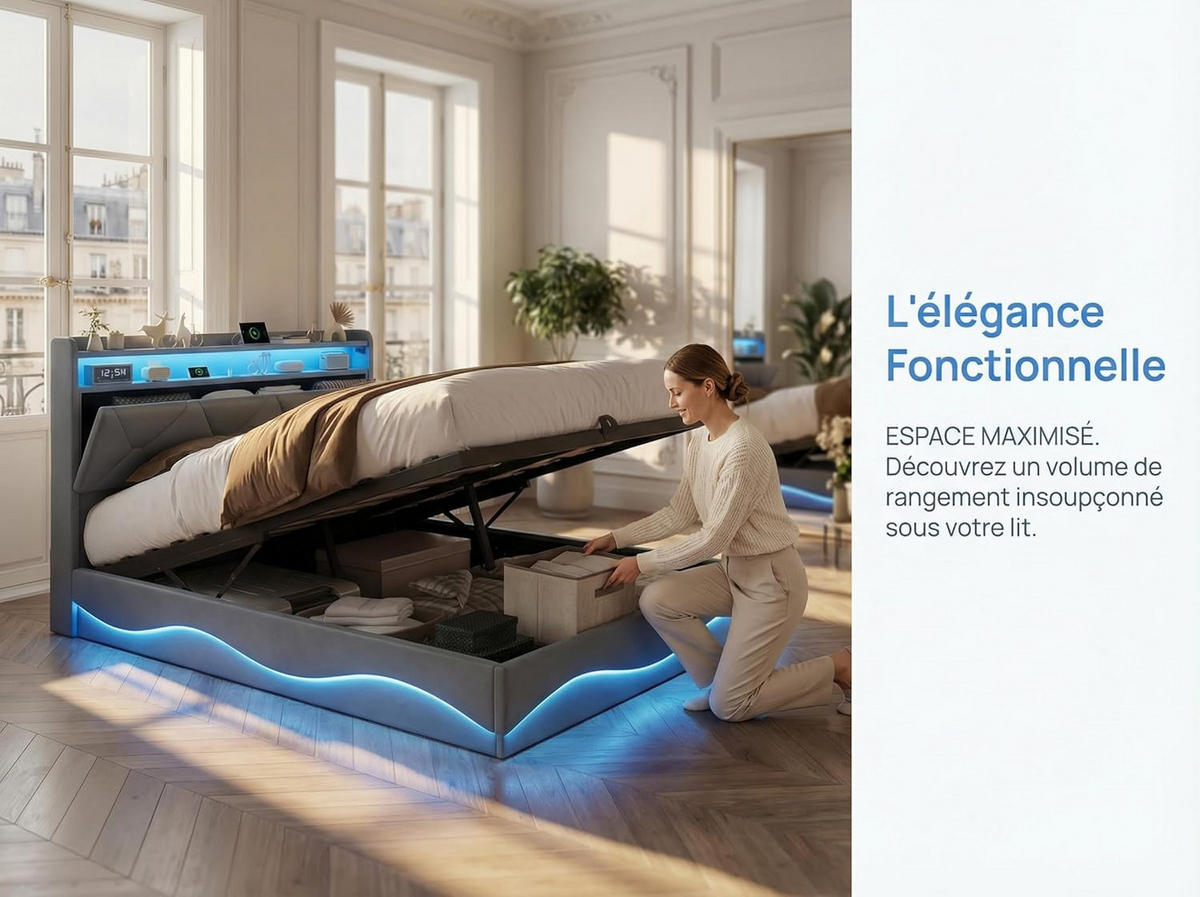 POLSTERBETT 160x200 cm Grau, Doppelbett mit Bettkasten, LED und USB-Anschluss - Grau, Holz/Metall (160/200cm) - PARAFTA HOME