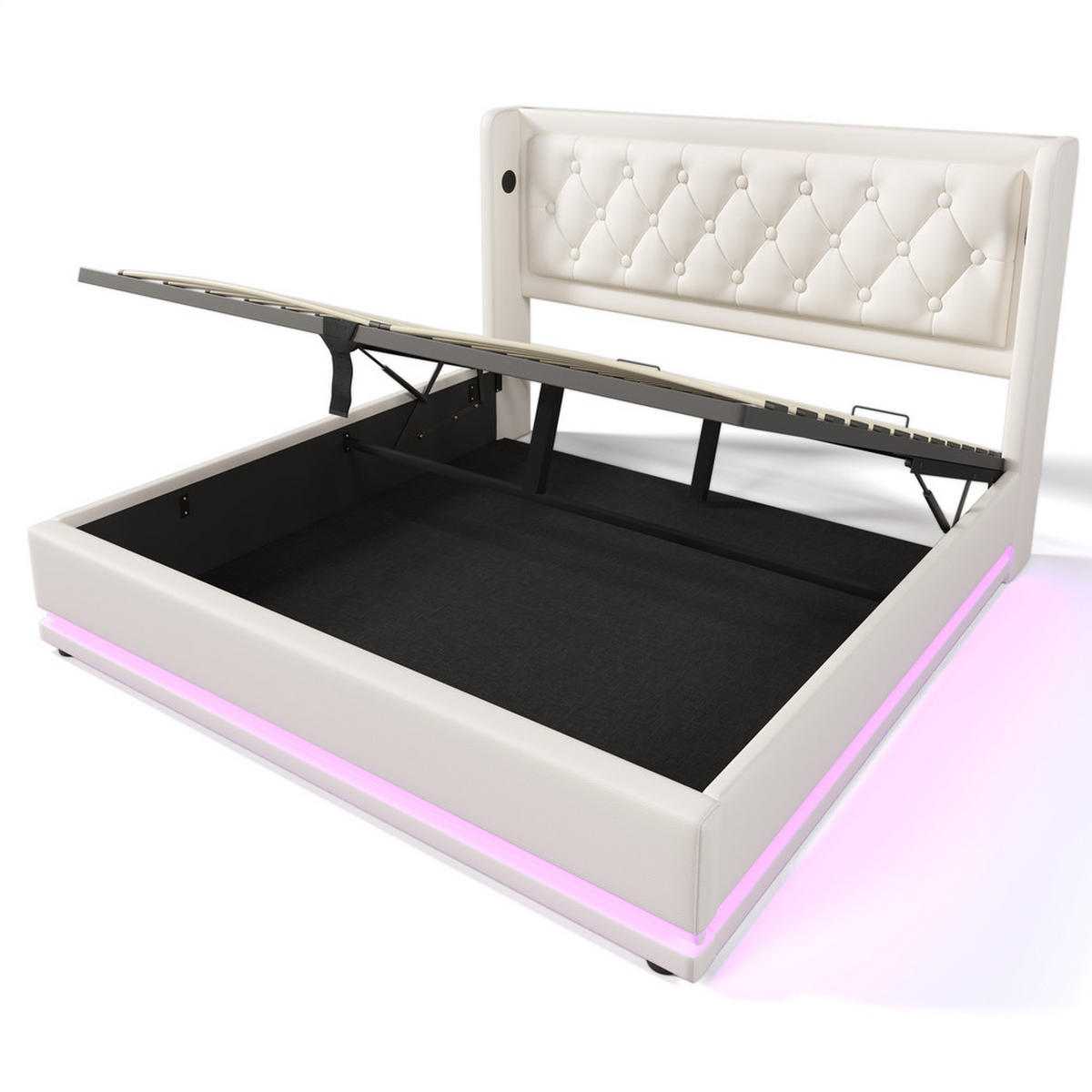 POLSTERBETT 160x200cm Doppelbett hydraulisch LED & USB-C Weiß PU - Weiß, Holz - FLIEKS