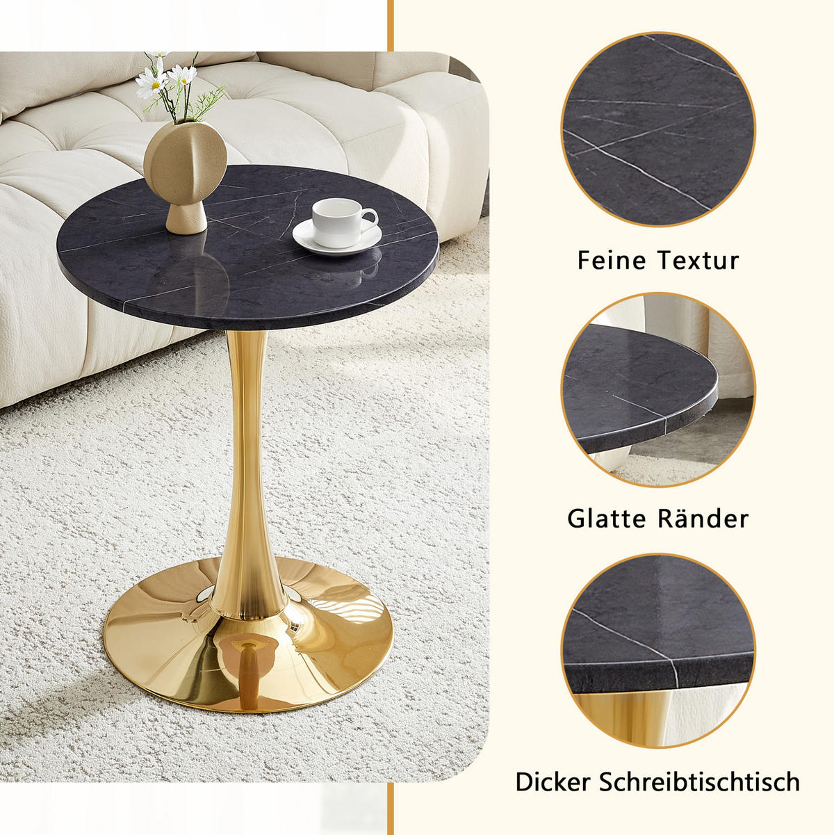 BEISTELLTISCH 60/60/72 cm mit runder MDF-Tischplatte in Marmoroptik und Metallgestell, Schwarz/Gold - Schwarz, Holzwerkstoff (60/60/72cm) - Redom