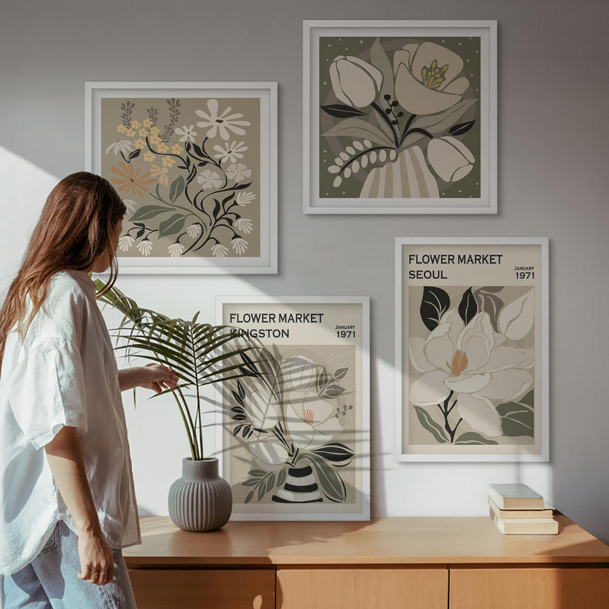 BILDER SET 4er Set - 50x50 cm & 40x60 cm Weißer Rahmen - Kingston Seoul Retro-Blumen - Weiß, Kunststoff (50/50cm) - TULUP