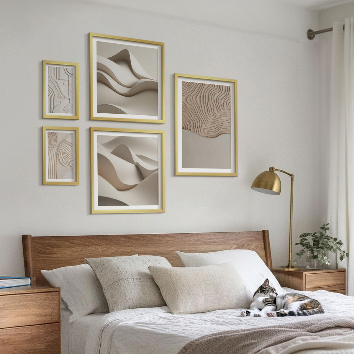 WANDBILDER 5er Set - 50x50 cm & 20x30 cm & 40x60 cm Goldrahmen - Abstrakte Wellen auf dem Sand - Goldfarben, Kunststoff (40/60cm) - ArtPrintCave