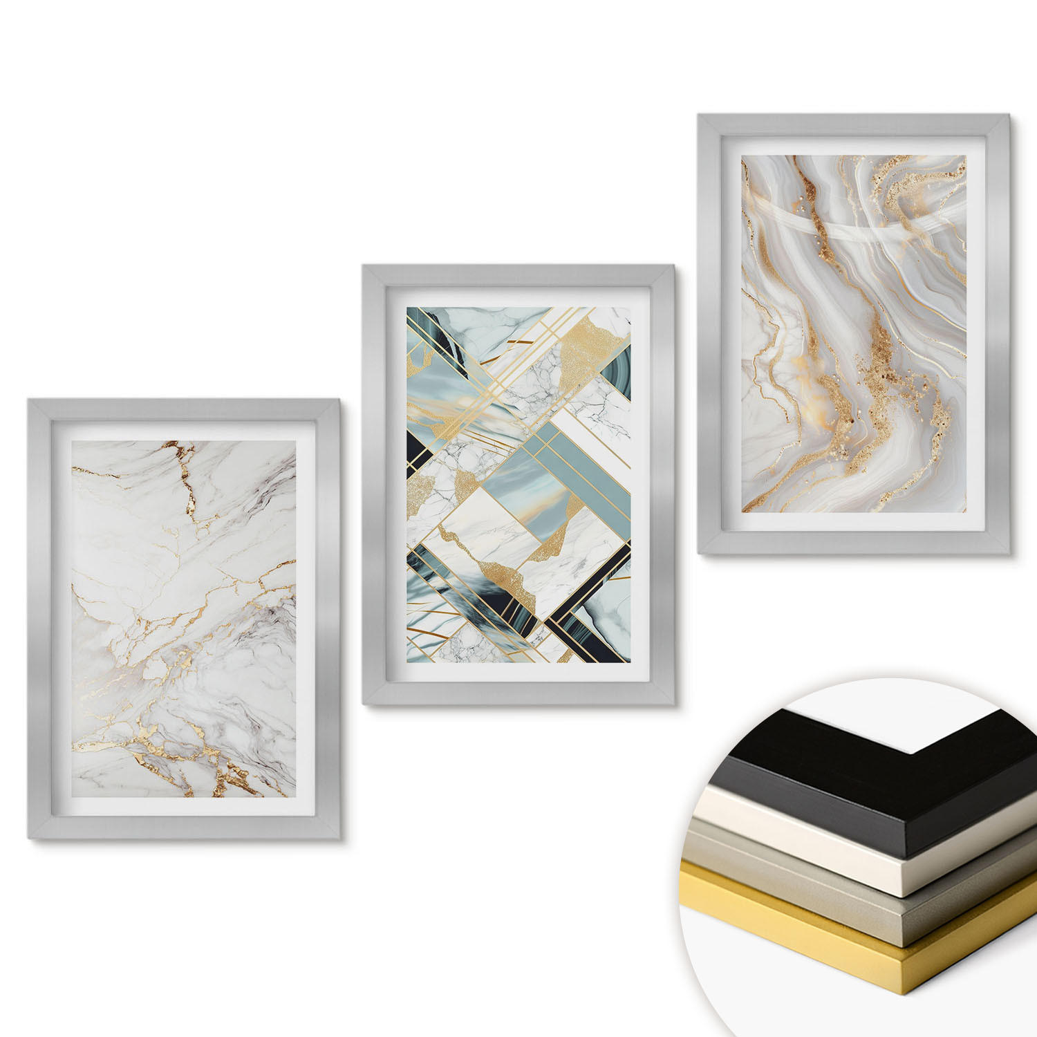 WANDBILDER 3er Set - 20x30 cm Silberner Rahmen - Elegante Marmormuster - Silberfarben, Kunststoff (20/30cm) - ArtPrintCave