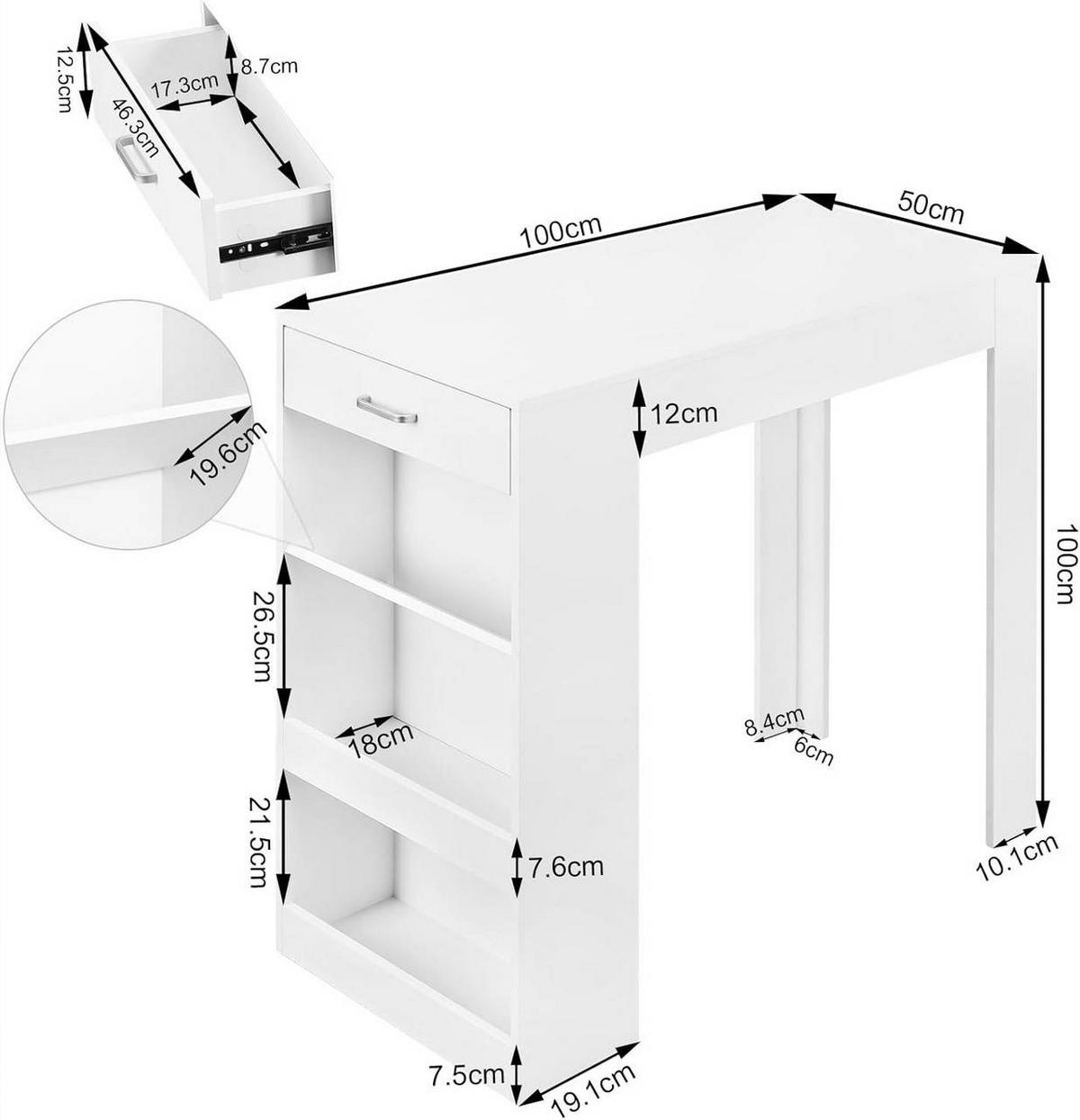 BARTISCH mit 1 Schublade 3 Ablagen, Weinregal, Weiß - Weiß, Holzwerkstoff (100/100/50cm) - Woltu