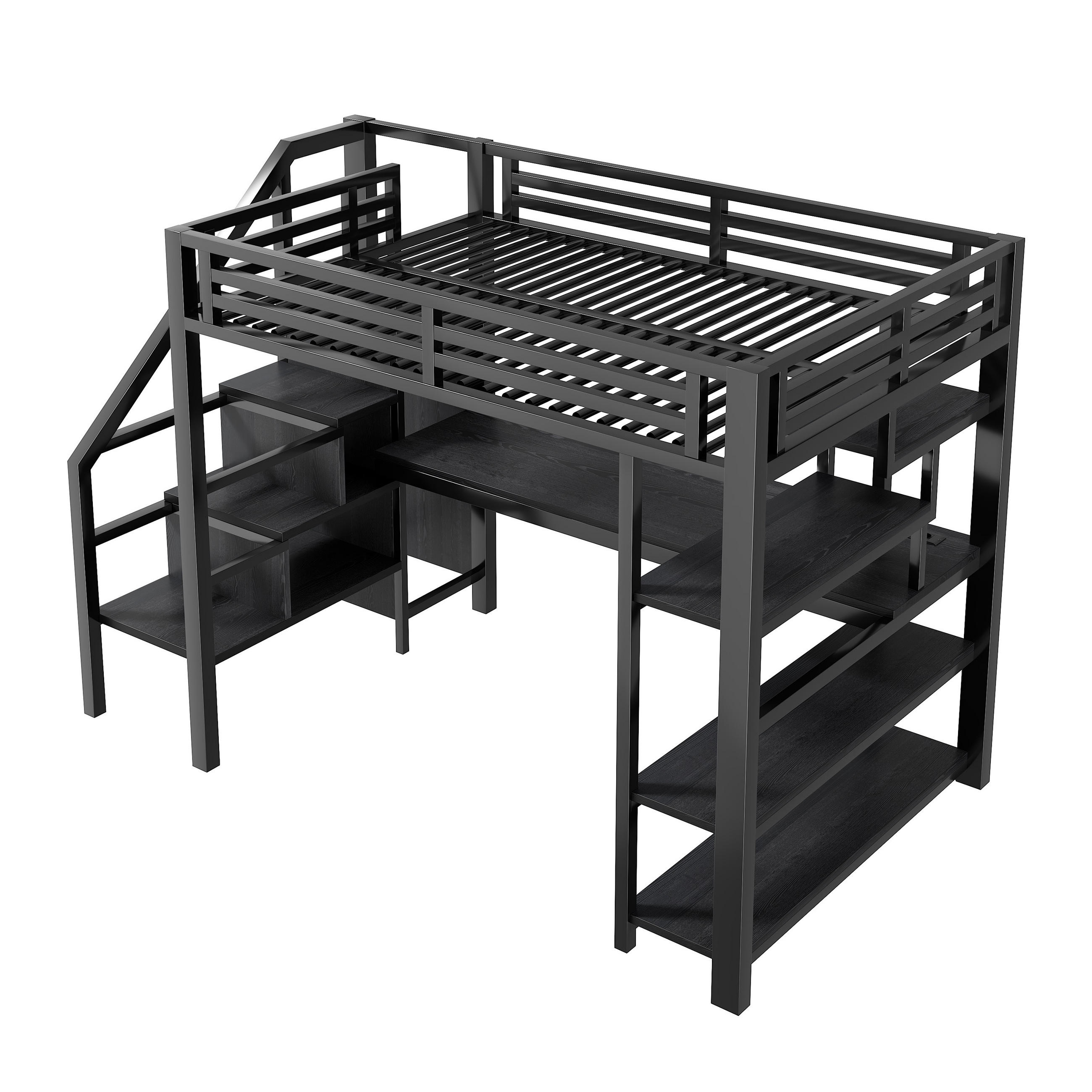 HOCHBETT 140/200 cm DE-03420, mit offenem Kleiderschrank, Schreibtisch, Staufächern und LED, in Schwarz - Schwarz, Holzwerkstoff/Metall (140/200cm) - ComfortXL