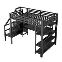 HOCHBETT 140/200 cm mit Treppe, Kleiderschrank, Schreibtisch, LED und USB-Ladestation, Schwarz - Schwarz, Holzwerkstoff (140/200cm) - Redom