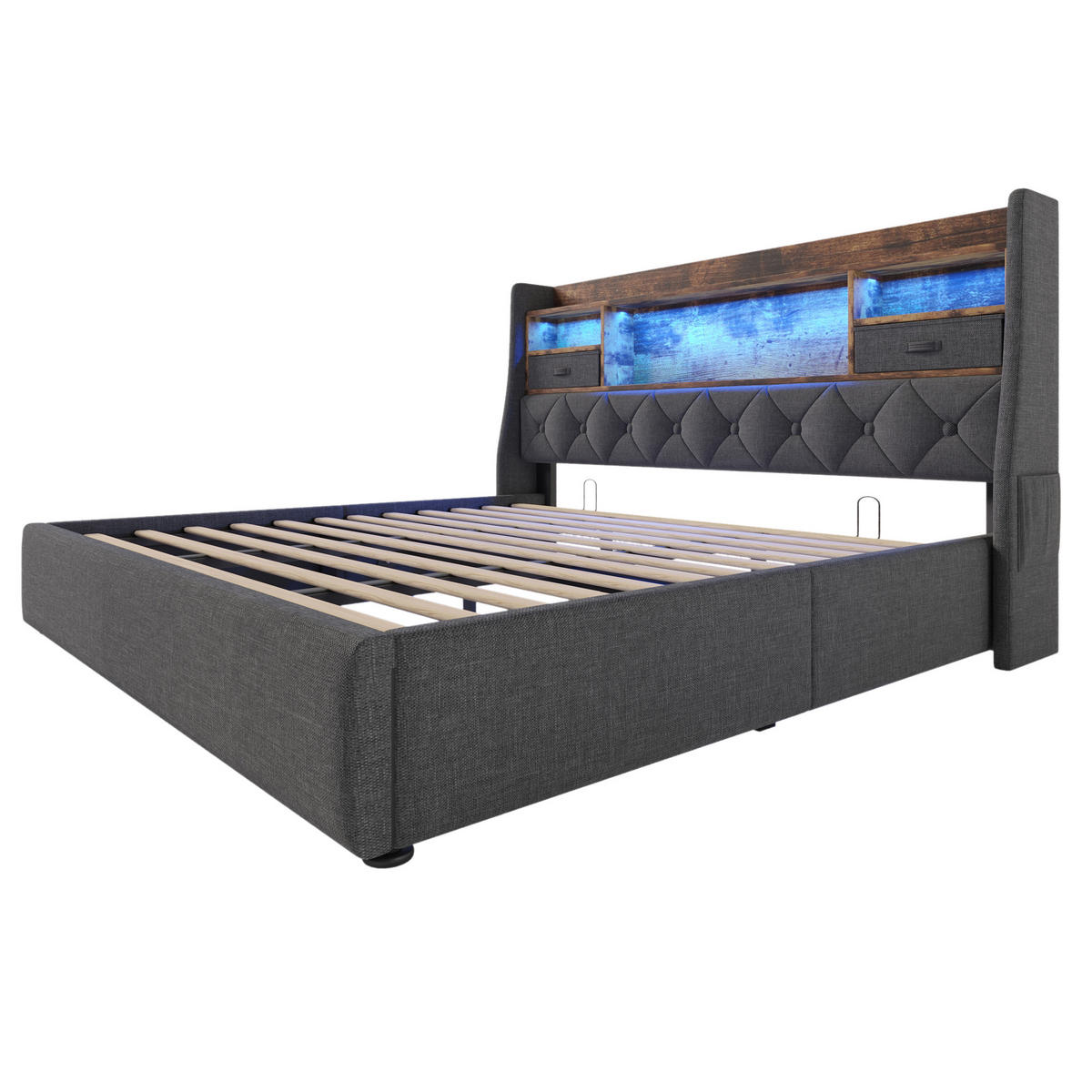 POLSTERBETT aus Leinen 180x200 cm in Grau mit LED & Ladestation - Grau, Textil (180/200cm) - Modfu