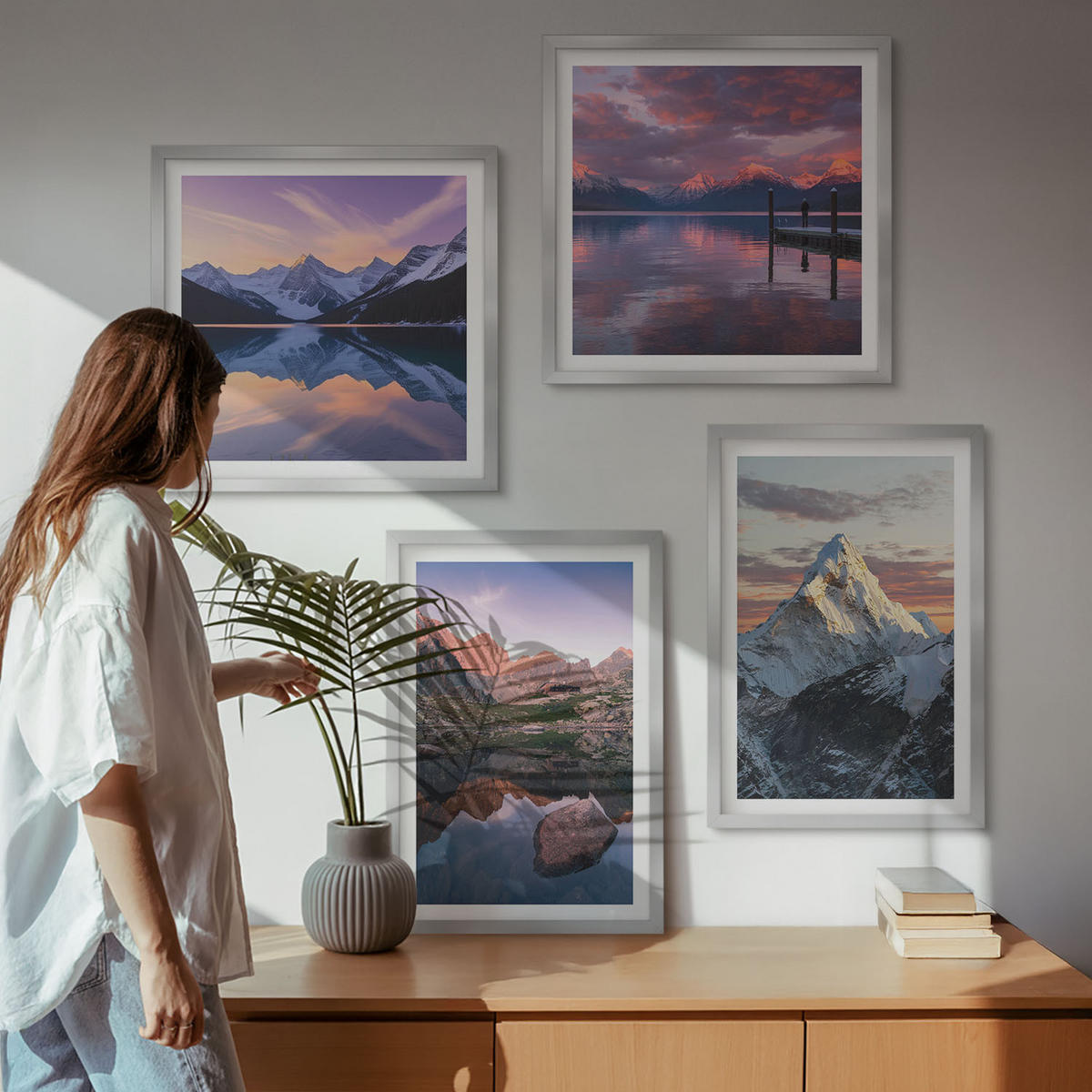 BILDER SET 4er Set - 50x50 cm & 40x60 cm Silberner Rahmen - Berglandschaften im Hintergrund - Silberfarben, Kunststoff (50/50cm) - TULUP