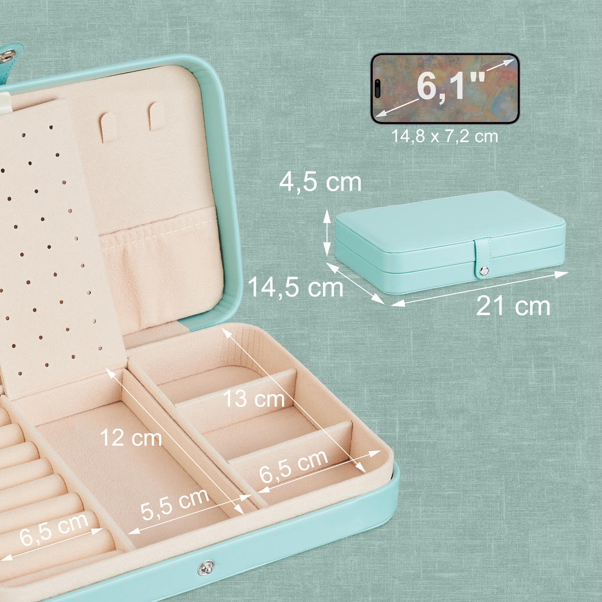 SCHMUCKKÄSTCHEN - Türkis, Holzwerkstoff/Kunststoff (21/4.5/14.5cm) - Relaxdays