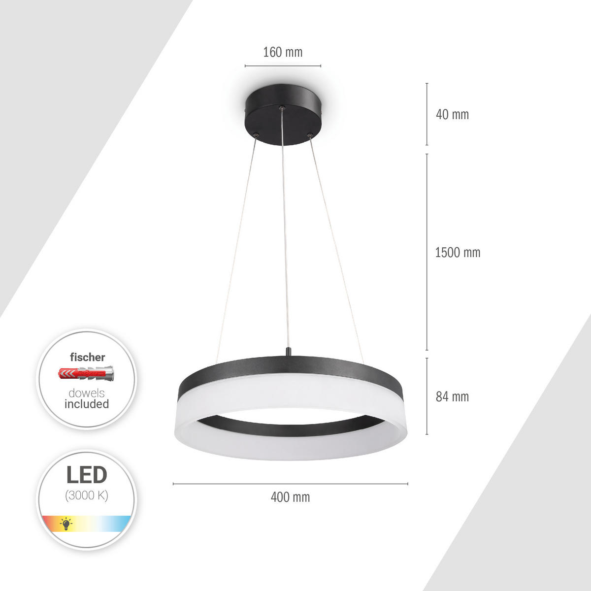 PENDELLEUCHTE Ella - Schwarz, Metall (40/40/8.4cm) - Paco Home