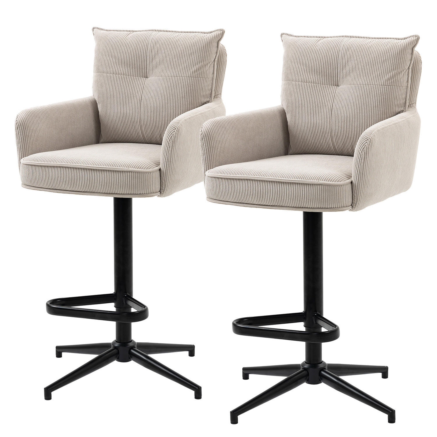BARSTUHL - 2er-Set - Höhenverstellbar - Cord / Eisen - Beige, Textil/Metall (54/100/58cm) - home24