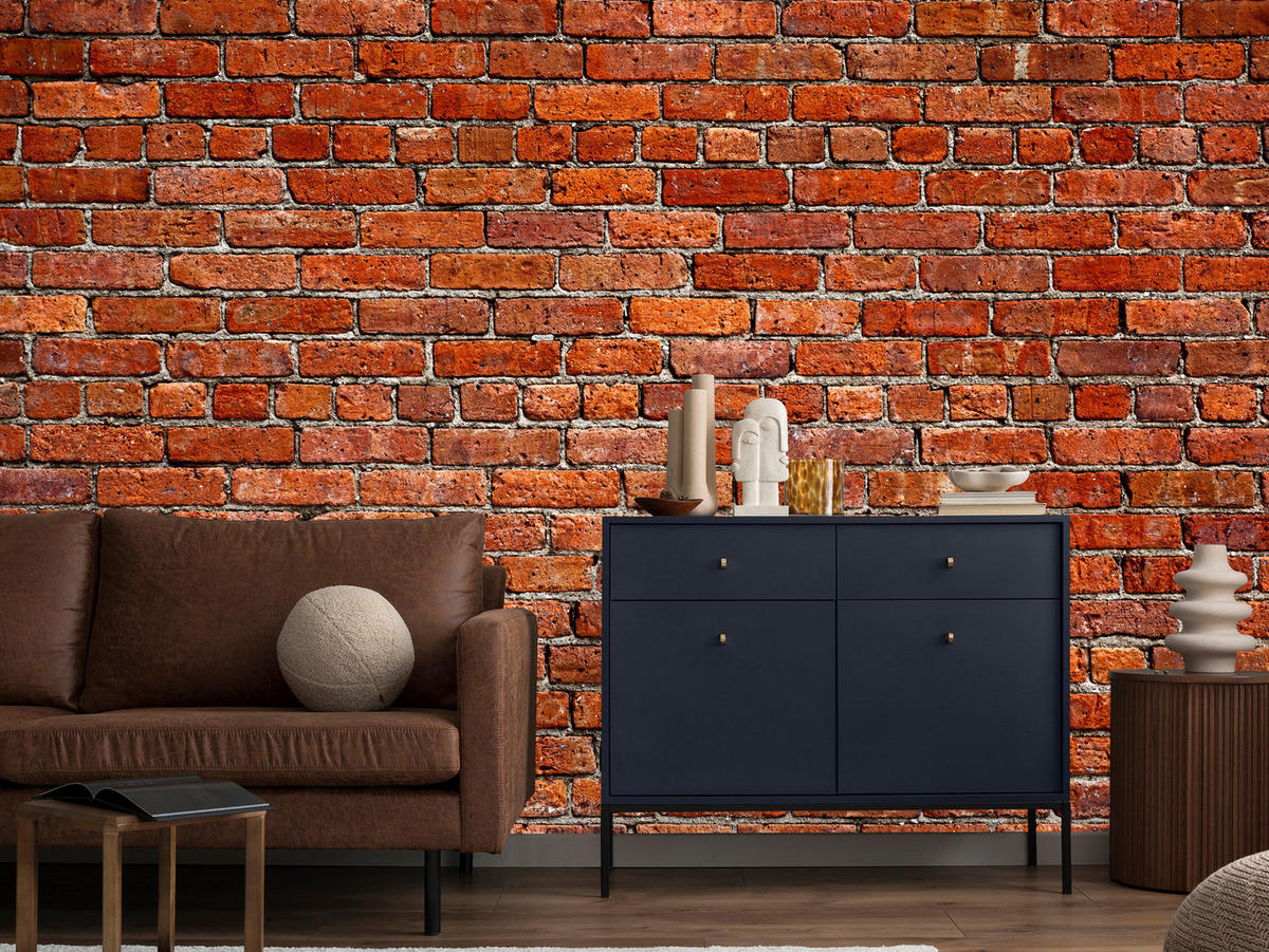 FOTOTAPETE für Wohnzimmer Backstein Ziegel 3D 450x315 - Rot/Orange, Papier (450/315cm) - Muralo