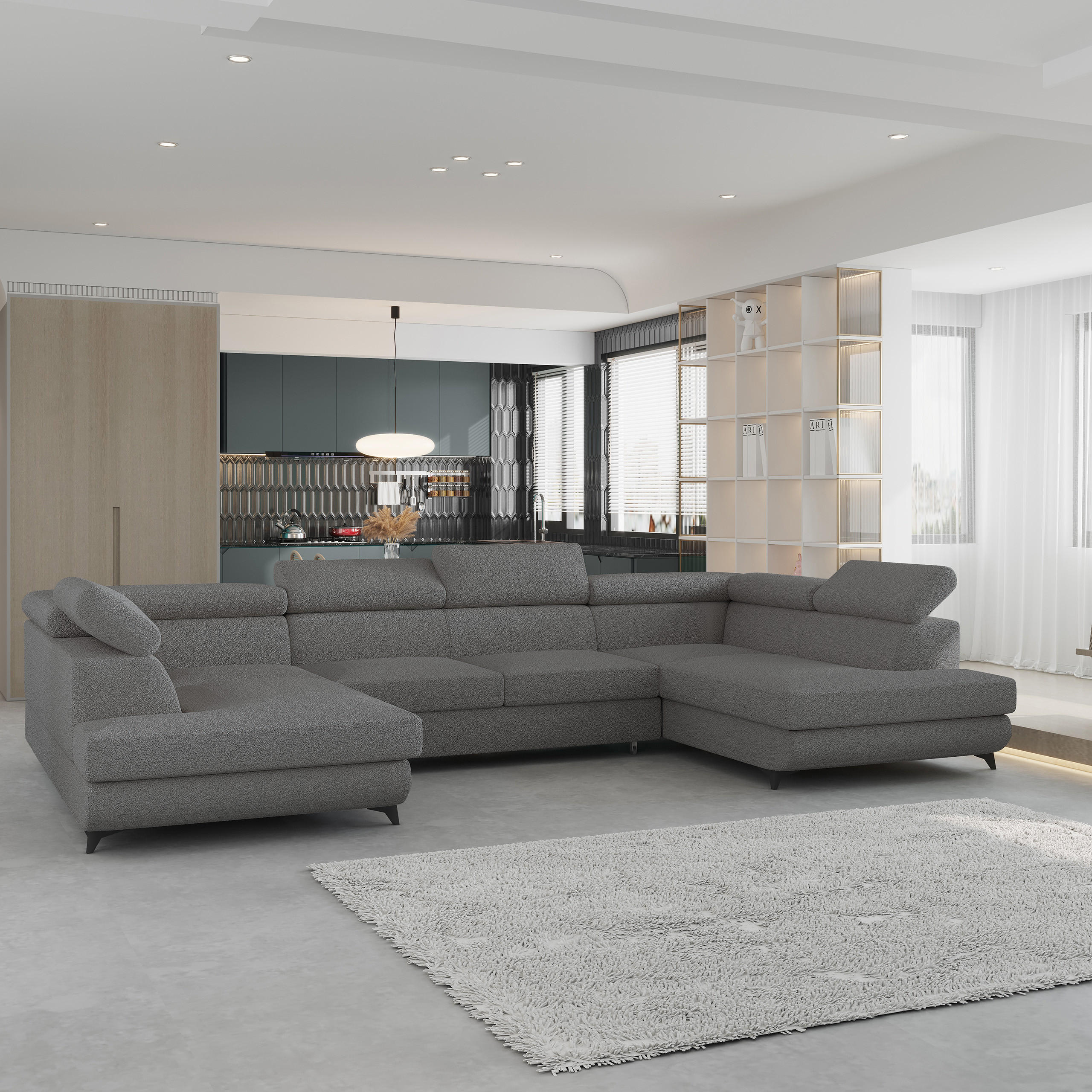 WOHNLANDSCHAFT VINTESSA Grau Boucle-Stoff mit Schlaffunktion - Grau, Holz (323/89/190cm) - MASSENO