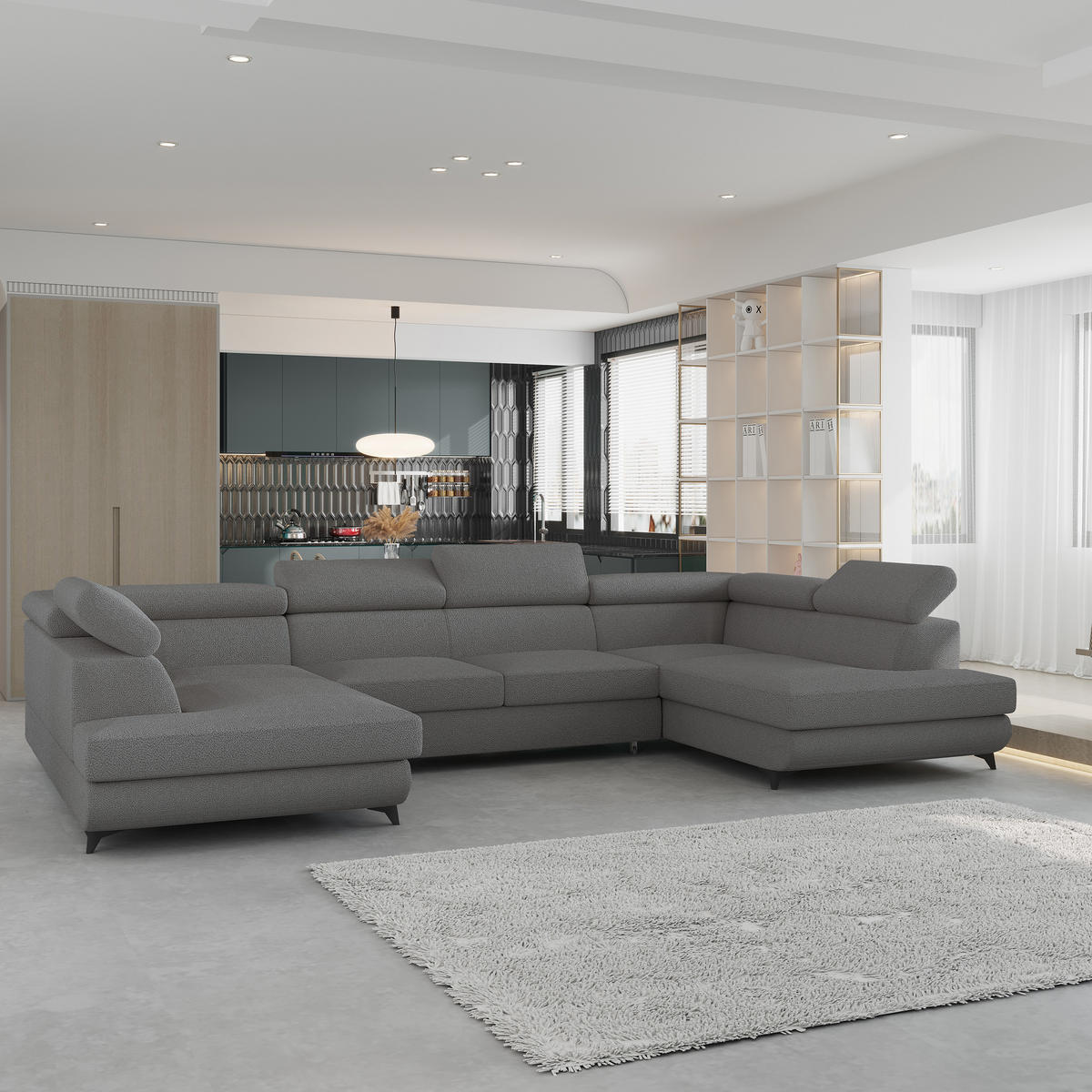 WOHNLANDSCHAFT VINTESSA Grau Boucle-Stoff mit Schlaffunktion - Grau, Holz (323/89/190cm) - MASSENO