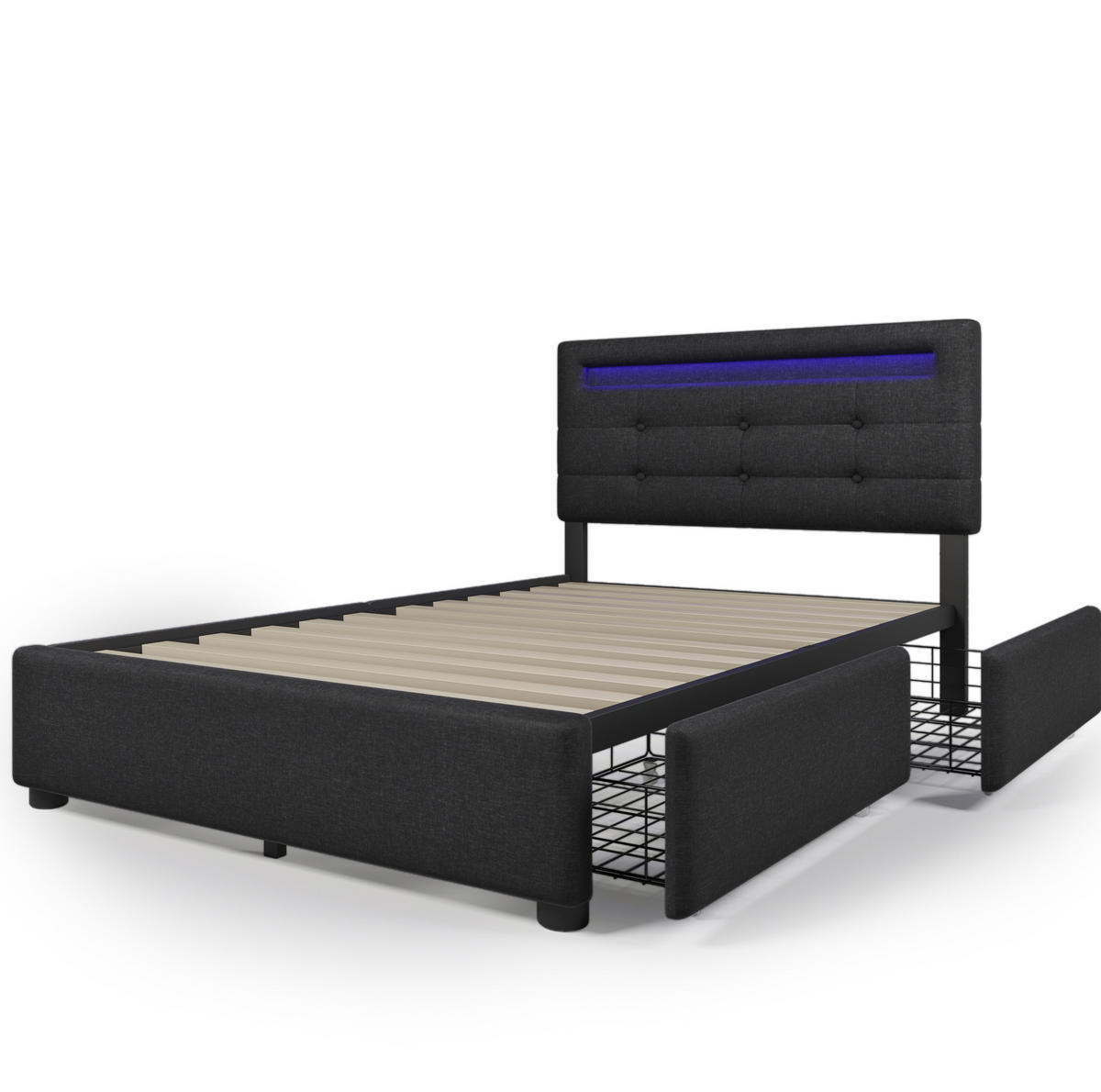 TAPECIRANI krevet 90/200 cm crni od lana s LED uzglavljem i 2 ladice - crna, tekstil (90/200cm) - OKWISH