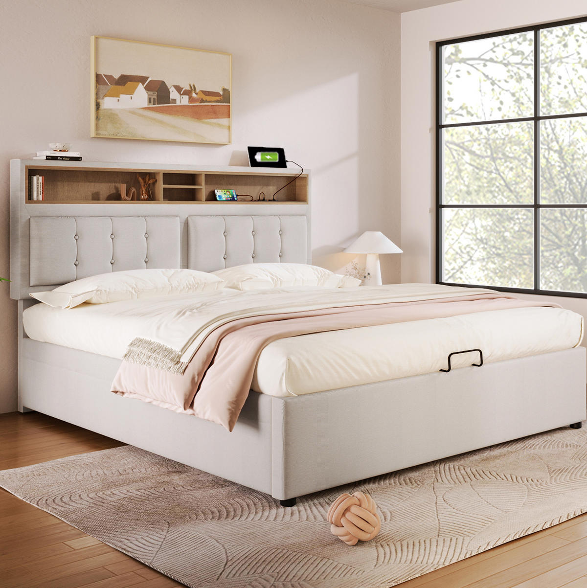POLSTERBETT mit Stauraum & USB 140x200 cm Beige inkl. Matratze - Beige, Metall (140/200cm) - Meubliv