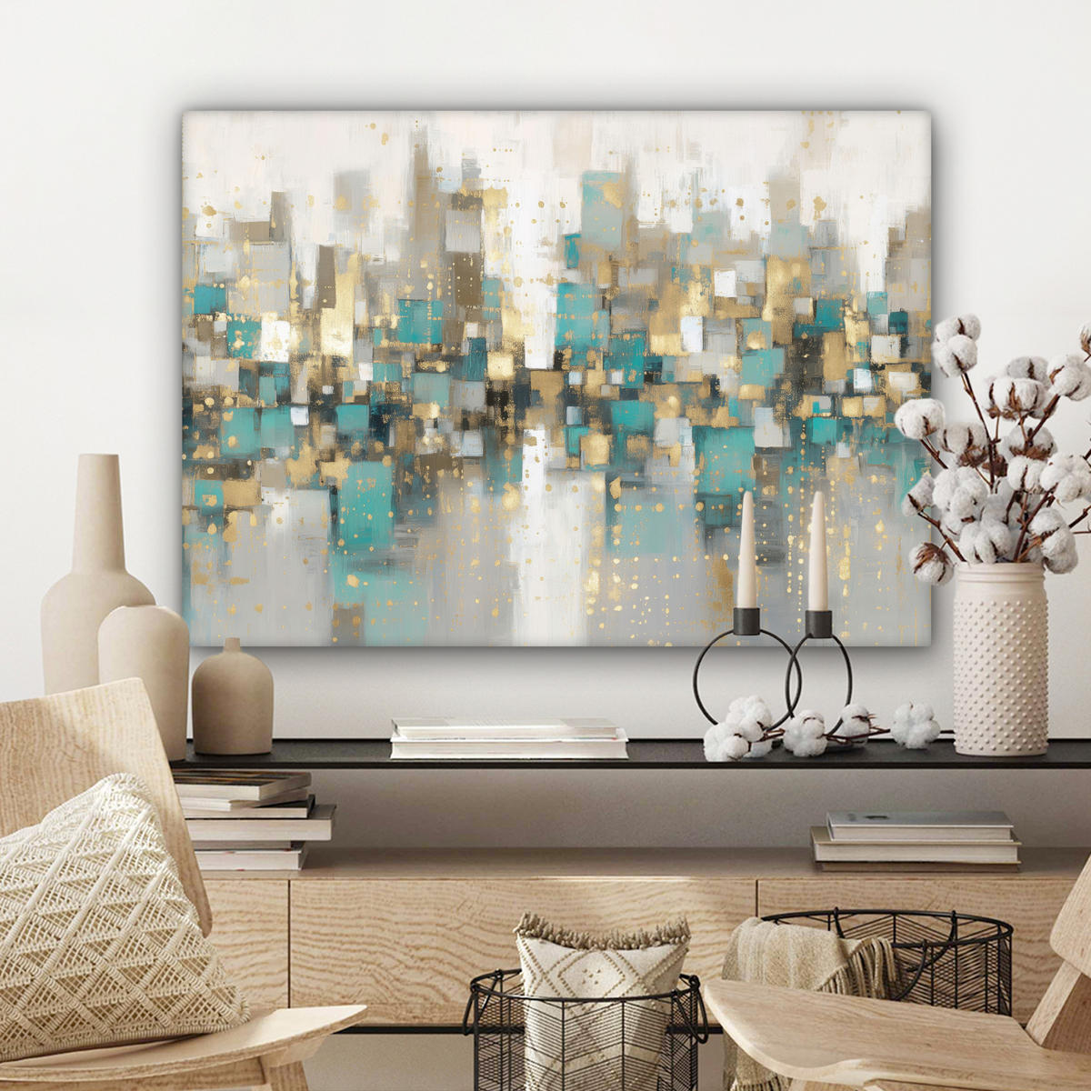 LEINWANDBILD Abstrakt - Blöcke - Gold - Skyline Wandbilder 80x60 cm - Beige, Textil (80/60cm) - MuchoWow