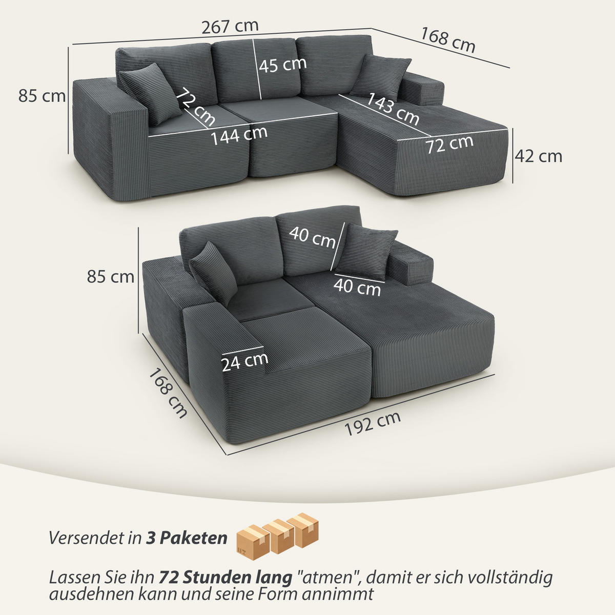 MODULARES ECKSOFA DE-06601 L-förmiges Sofa-Bett, tiefer Sitz, breite Armlehnen Dunkelgrau - Dunkelgrau, Holz/Textil (168/267cm) - ComfortXL