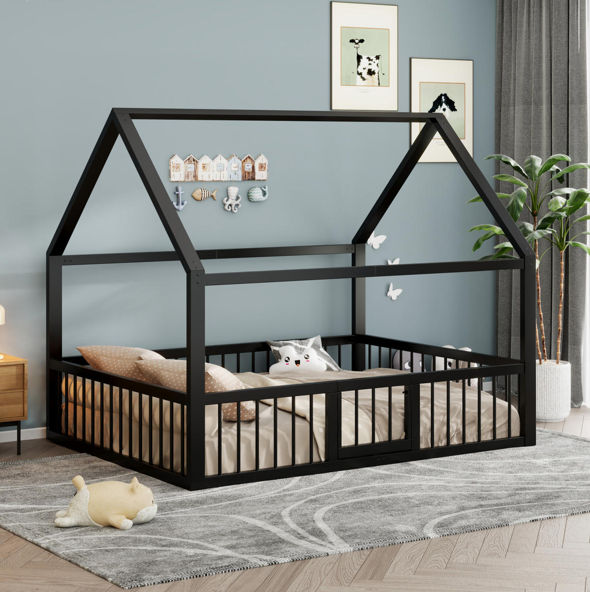 HAUSBETT aus Metall 140x200 cm Schwarz mit Dachdesign, Sicherheitsgeländer und Tür - Schwarz, Metall (140/200cm) - Modfu