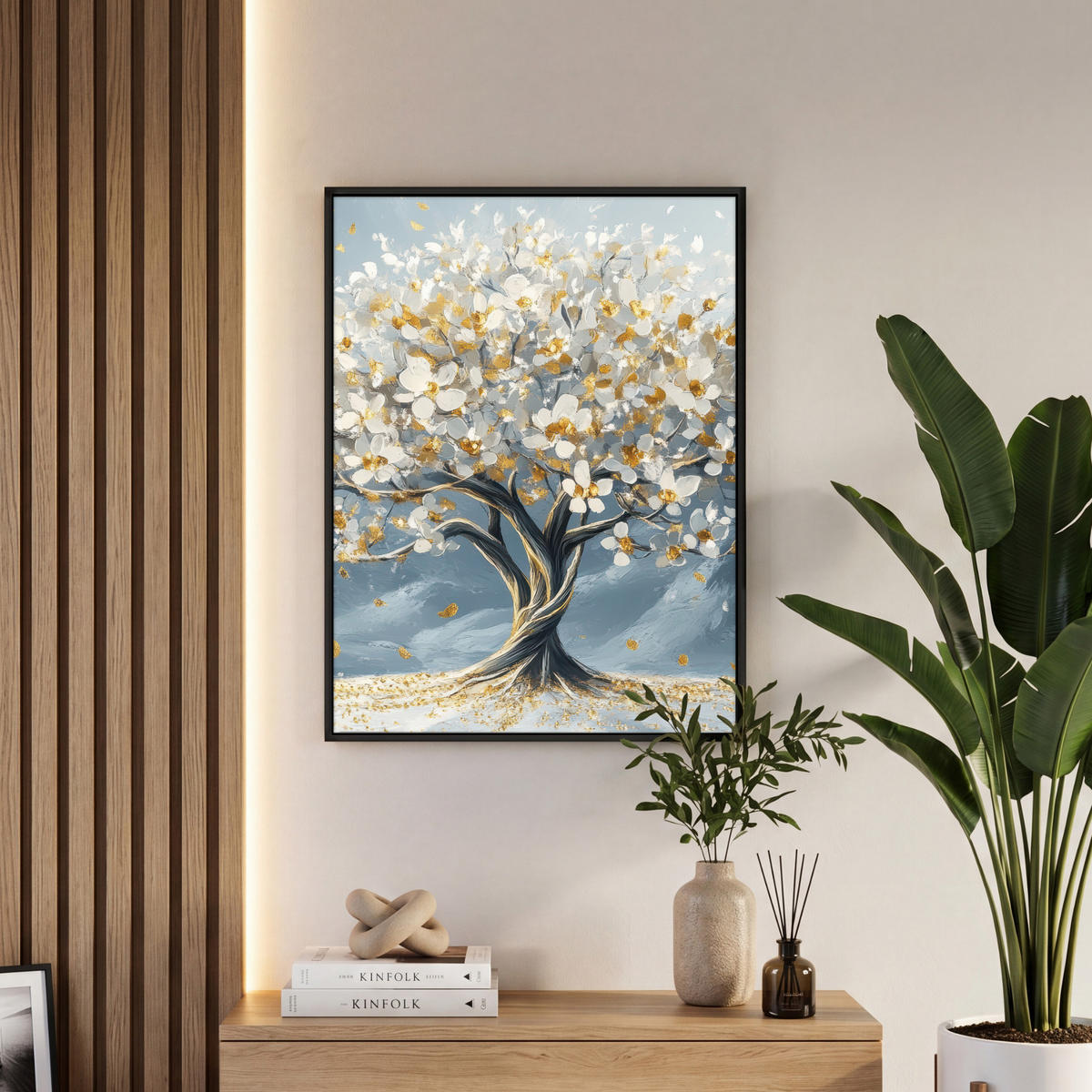 LEINWAND Bilder mit Rahmen - Baum - Winter - Baum des Lebens - Modern - Gold - 60x80 - Goldfarben, Textil (60/80cm) - MuchoWow