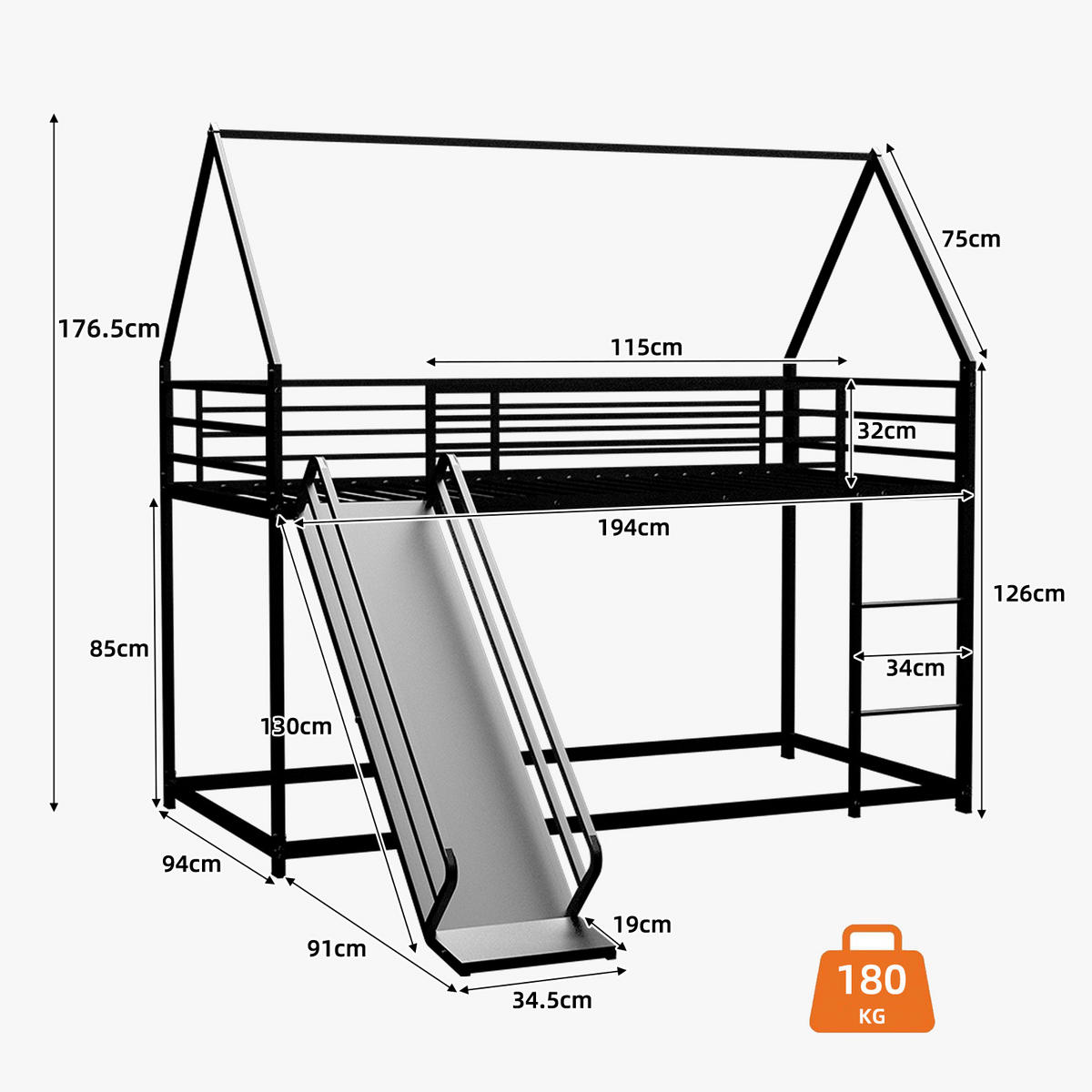 ETAGENBETT 180/200 cm schwarz aus Eisen mit Rutsche und Spielhausdesign - Schwarz, Metall (180/200cm) - OKWISH