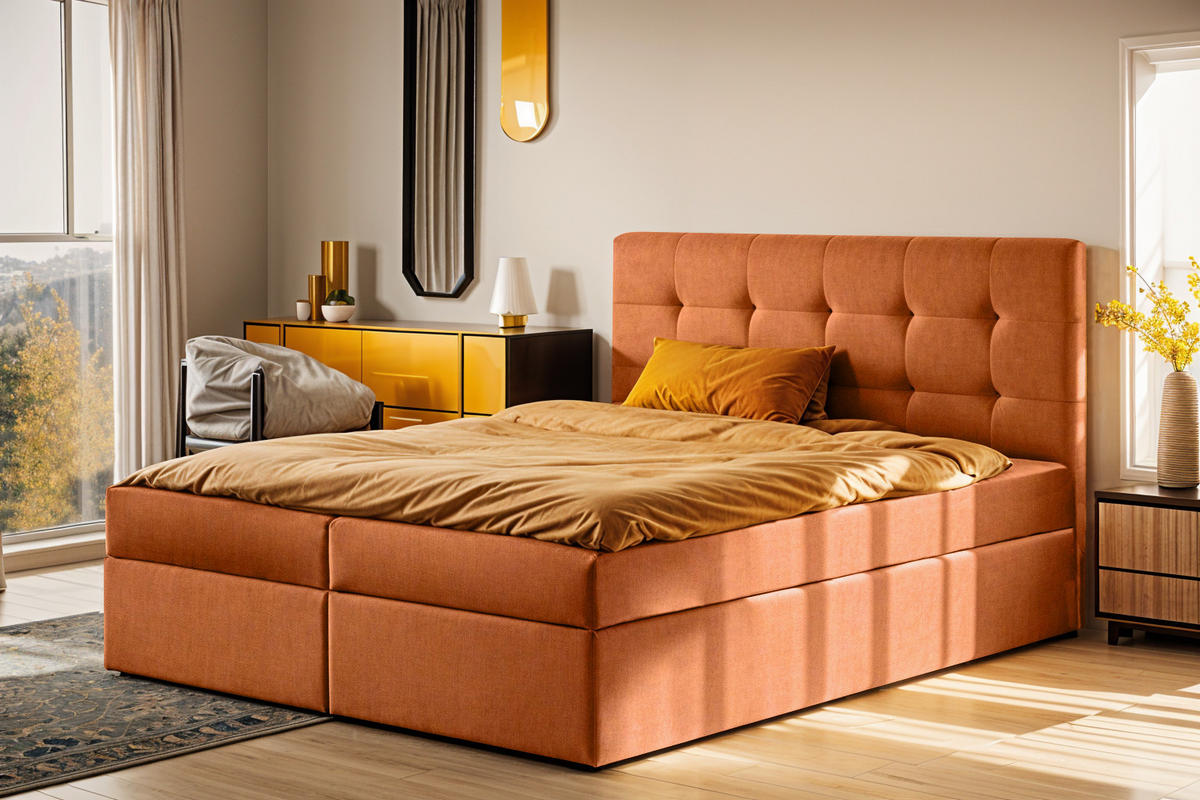 BOXSPRINGBETT mit matratze und bettkasten, Schlafbett LUDANO stoff Noel Orange 200x200 cm H3-Bonell - Orange, Holz (200/200cm) - Kaiser Möbel